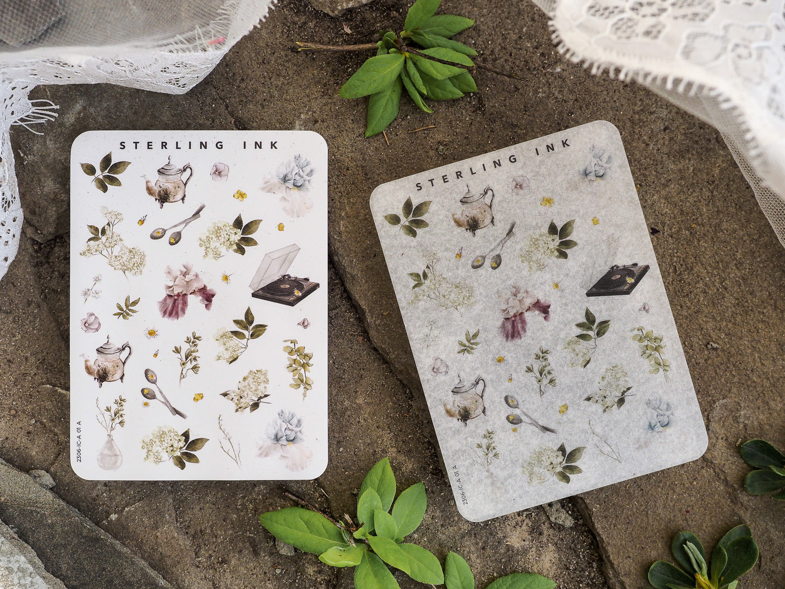 Pastel sticker sheets featuring miniature botanical elements, including tiny teapots, dried florals, delicate herbs, and scientific illustration icons.