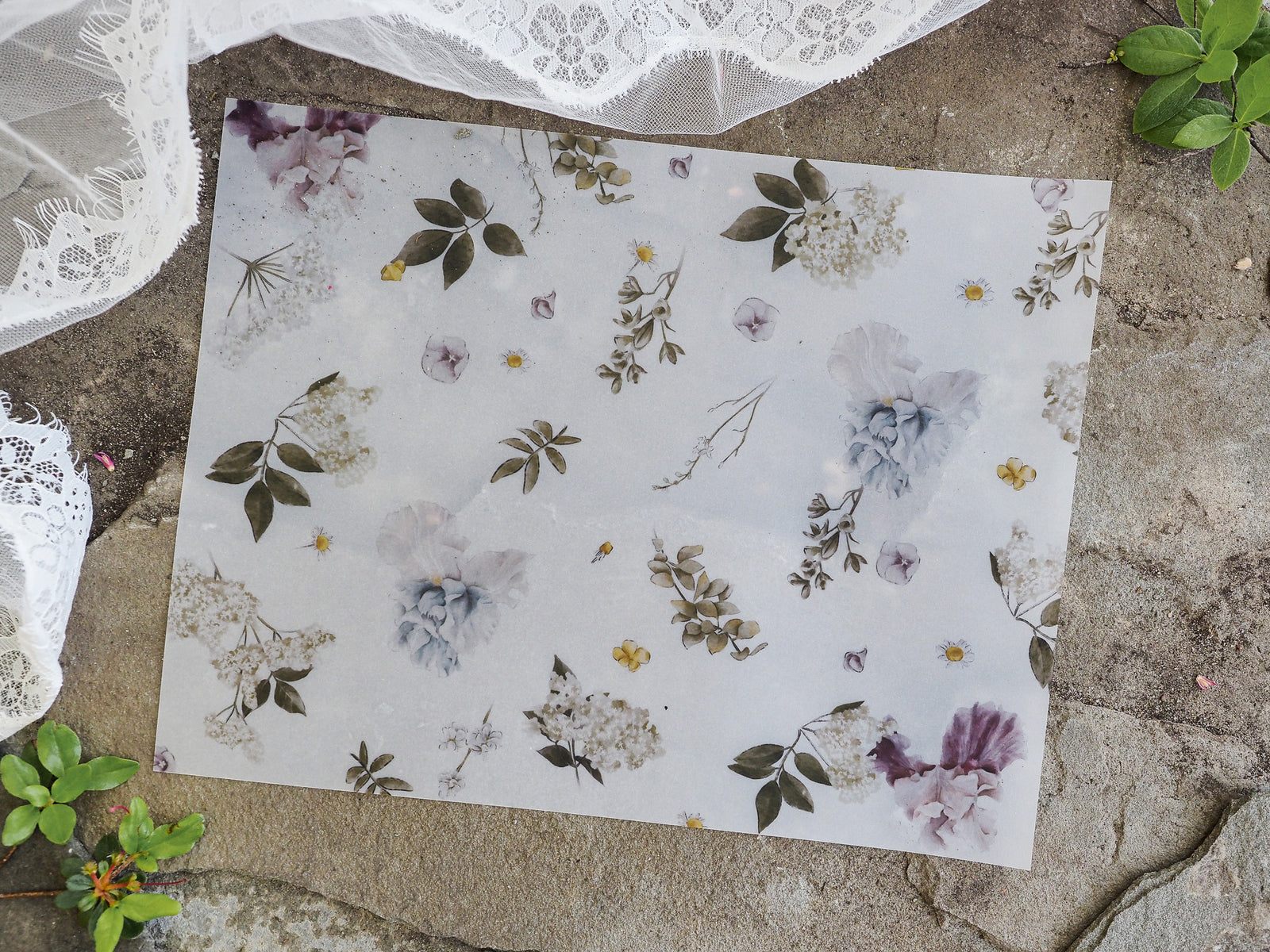 Elegant vellum print adorned with soft watercolor florals and scattered botanical sketches in shades of dusty purple, sage green, and cream.