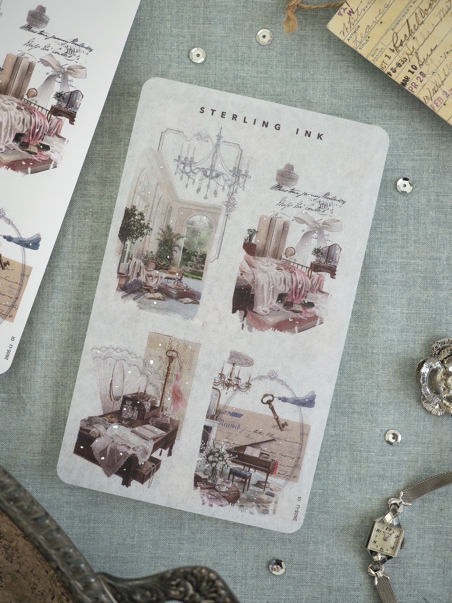 "Sterling Ink" sticker sheet featuring six romantic vintage watercolor illustrations of antique interior scenes, evoking a shabby chic, elegant home decor aesthetic.