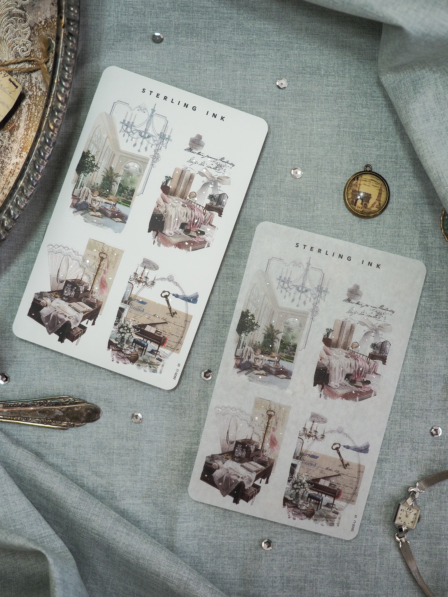 Two vintage "STERLING INK" sheets featuring decorative watercolor sketches of elegant interior rooms, chandeliers, and architectural details.