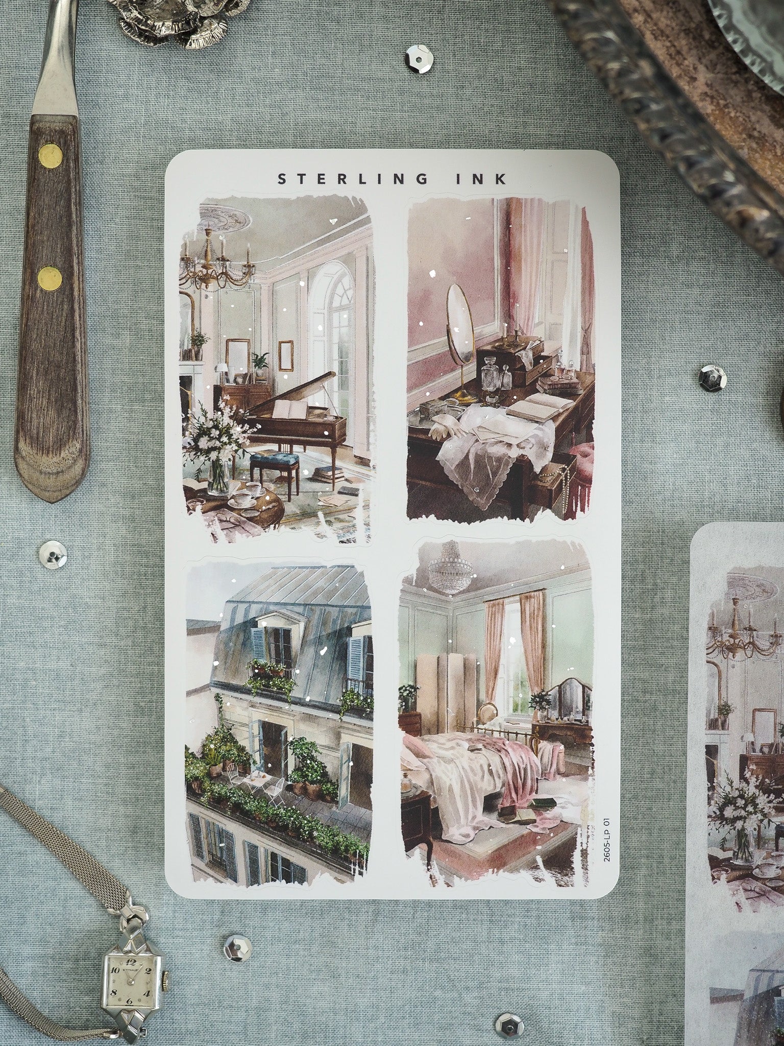 A four-panel "Sterling Ink" card featuring romantic vintage illustrations of European interiors, including grand hallways, antique vanities, and historic street facades.