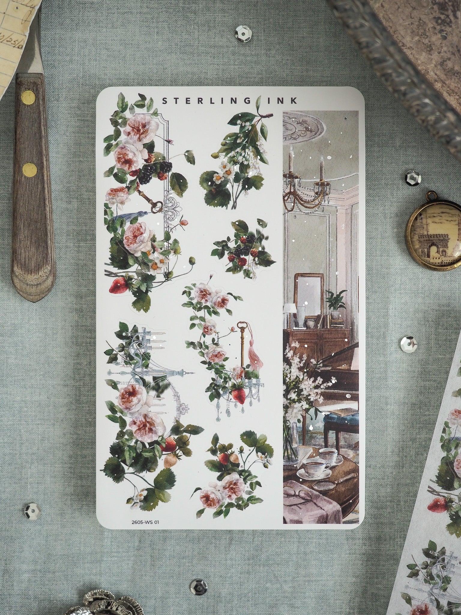 Watercolor sticker set by Sterling Ink showcasing lush bouquets of pink roses and berries alongside a detailed illustration of a vintage, ornate interior scene.