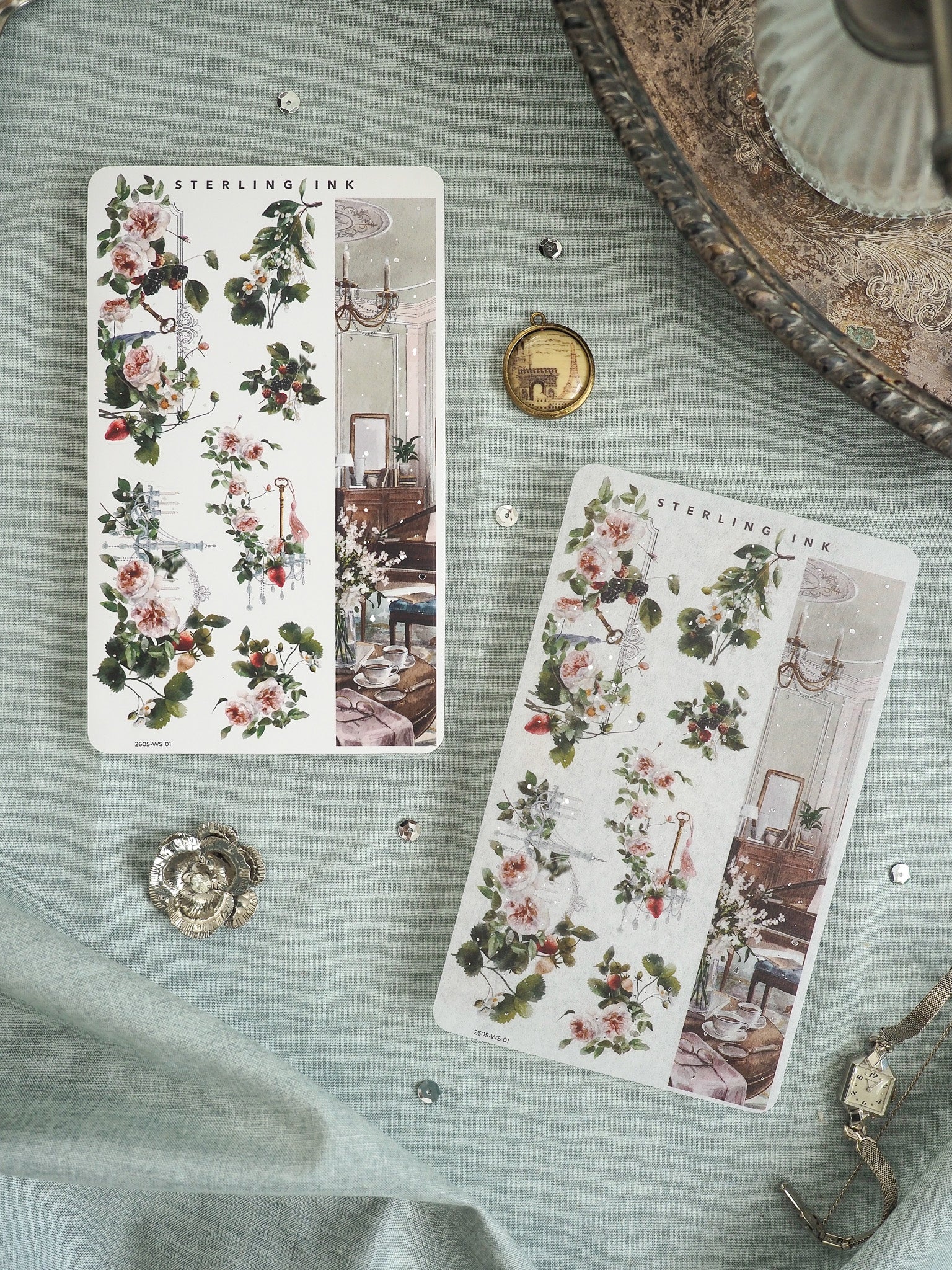 Sterling Ink planner stickers featuring a delicate vintage pattern of lush roses, greenery, and elegant interior room scenes.