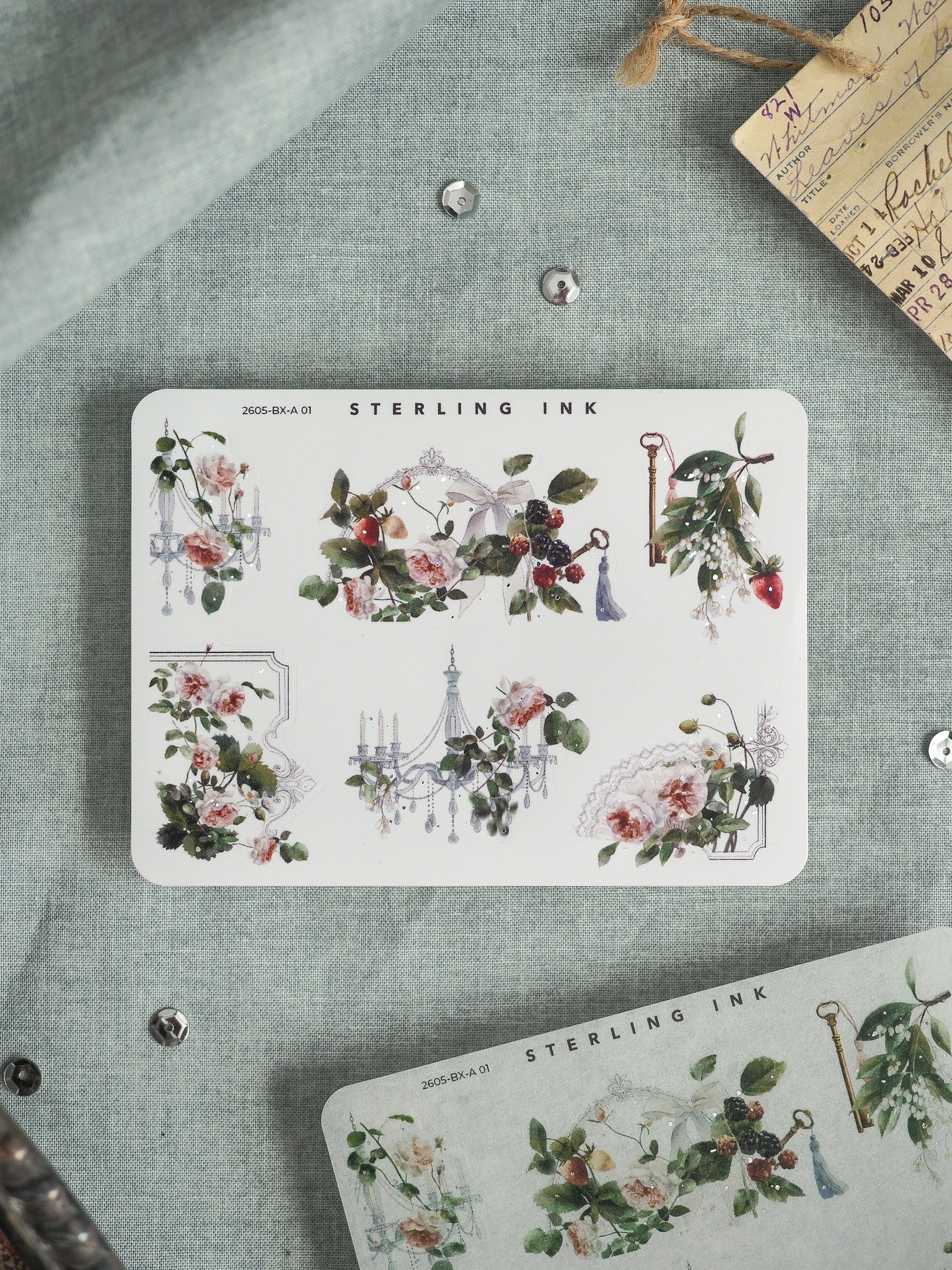 Delicate watercolor sticker sheet featuring various botanical illustrations of roses, greenery, and vintage floral arrangements.