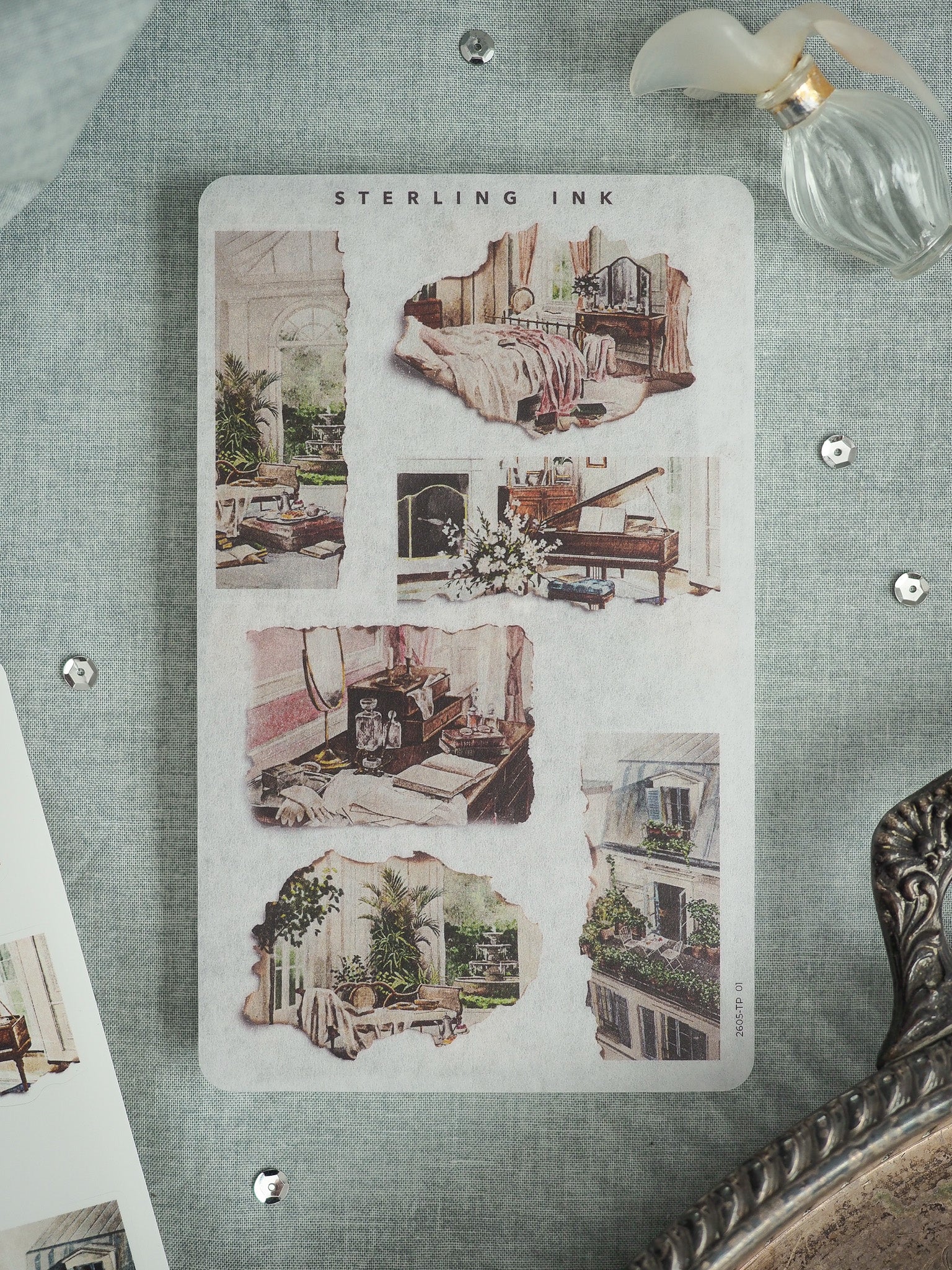 Vintage "Sterling Ink" sticker sheet featuring a collection of watercolor illustrations depicting charming, nostalgic interior domestic scenes and rooms.