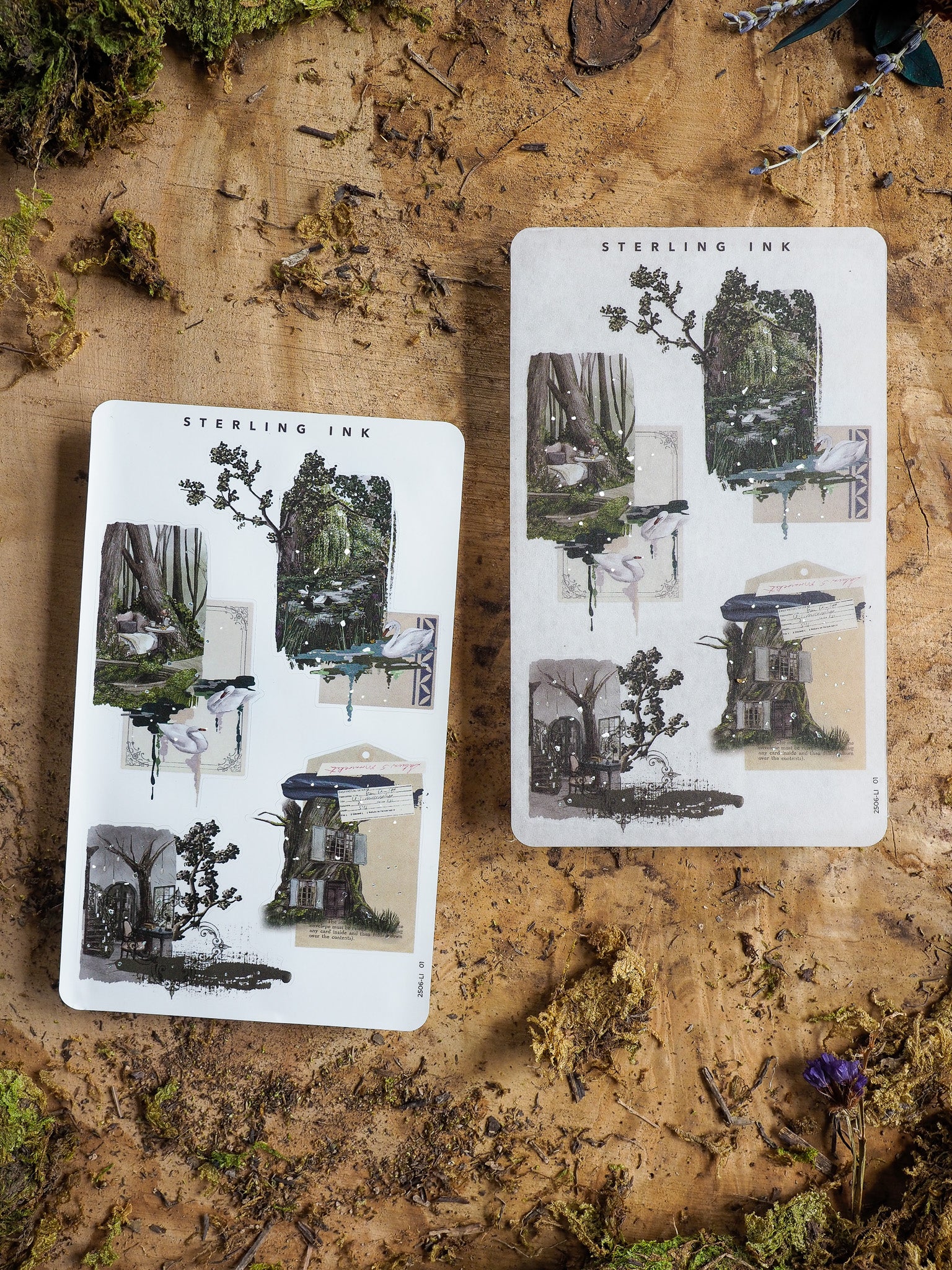Vintage botanical and architectural collage stickers featuring dense, overgrown scenes of secret gardens and mossy structures in black and white ink.