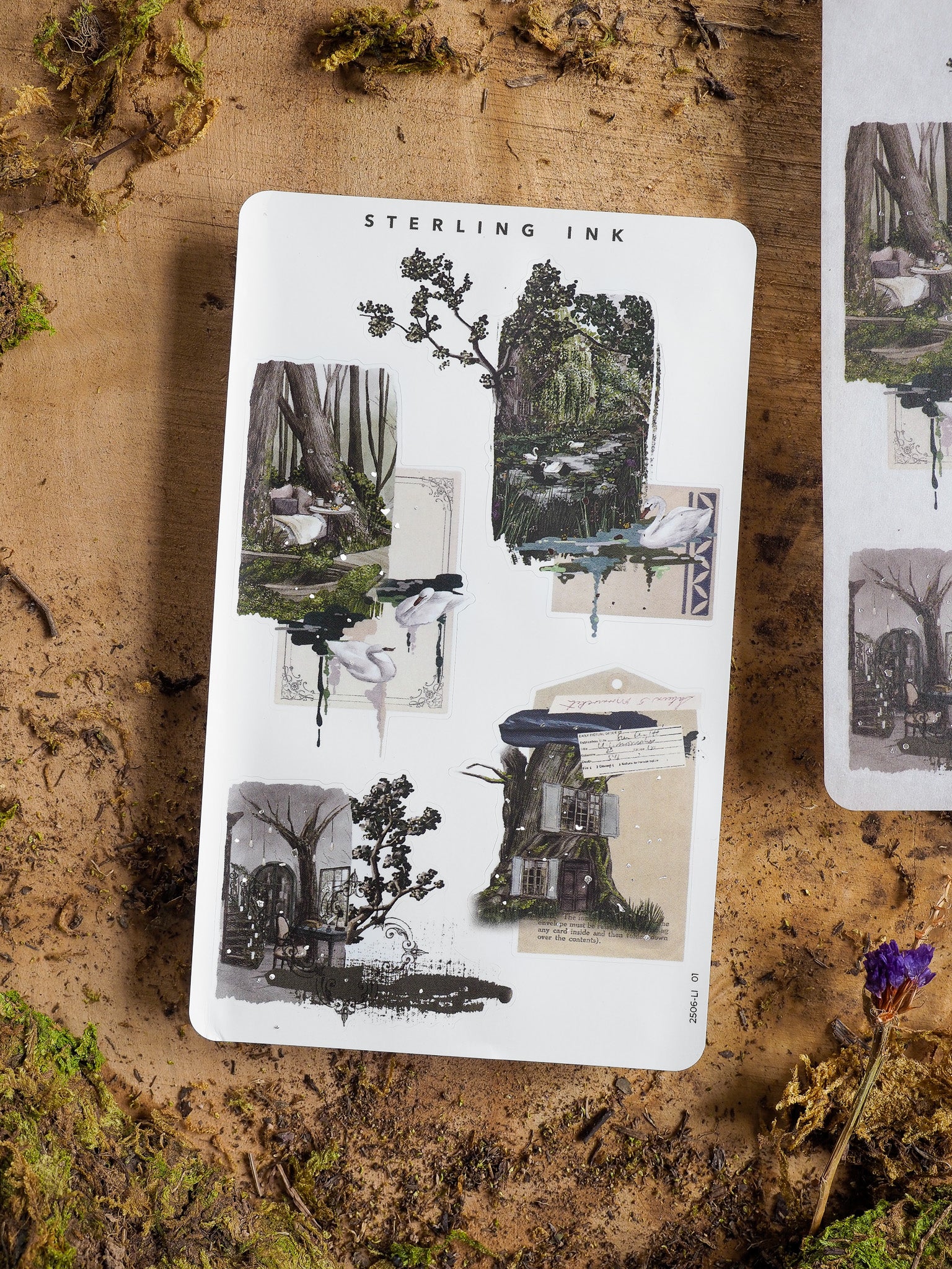 Nature-themed collage sticker sheet featuring detailed black ink illustrations of swans, dense weeping willows, and rustic village scenes with metallic silver foil accents.