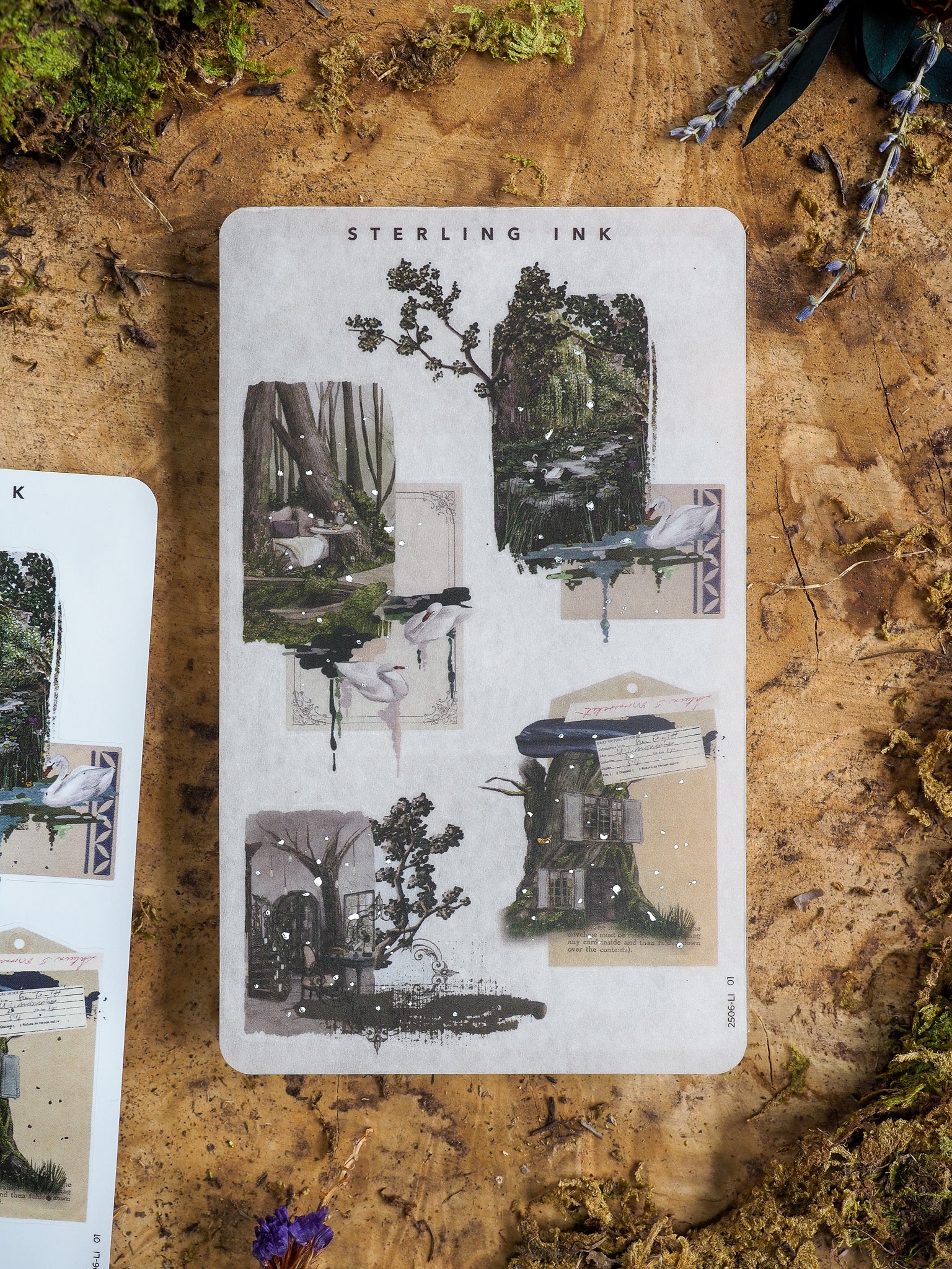 Set of vintage collage stickers with silver foil accents, depicting elegant cranes, overgrown architecture, and rich, lush nature scenes.