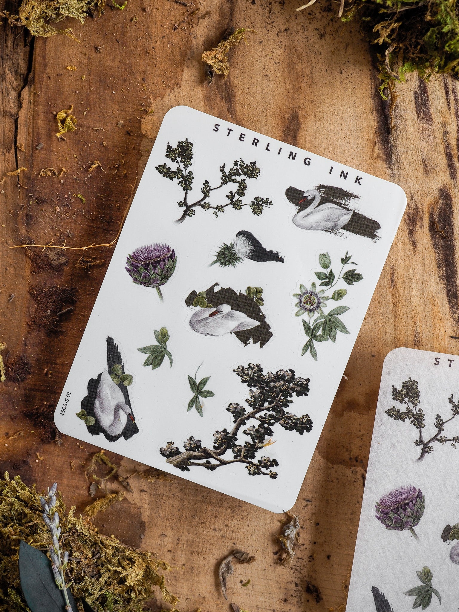 White sticker sheet filled with diverse elements, featuring detailed black-and-grey illustrations of flora and fauna, including flowering branches, natural elements, and elegant birds.
