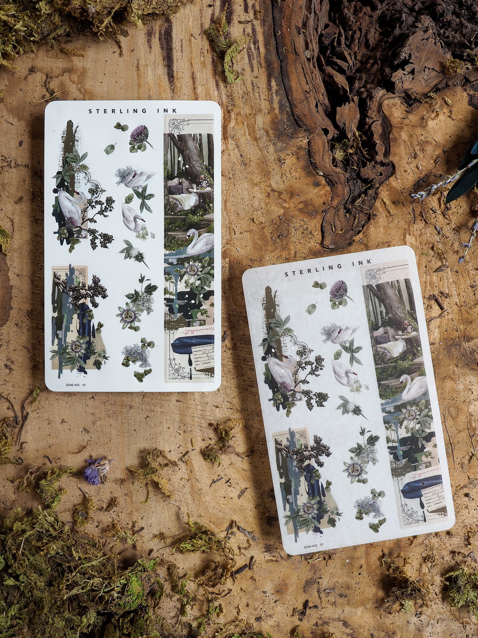 Vintage-style sticker sheets featuring botanical collages of leaves, flowers, and sketched birds, perfect for journaling and crafting.