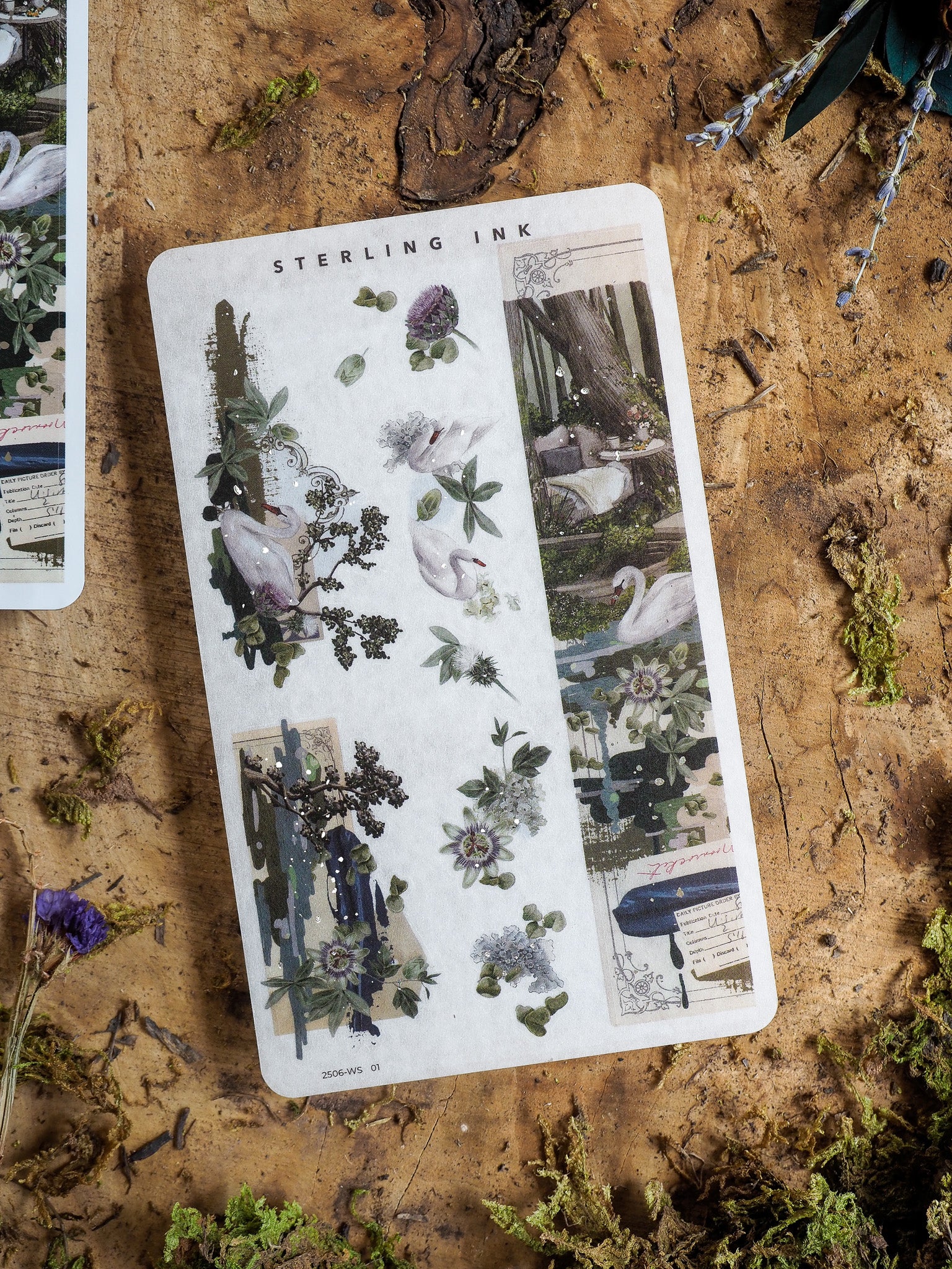 Botanical washi stickers featuring a vintage theme, depicting pale swans, layered wildflowers, and soft watercolor foliage on a cream background.