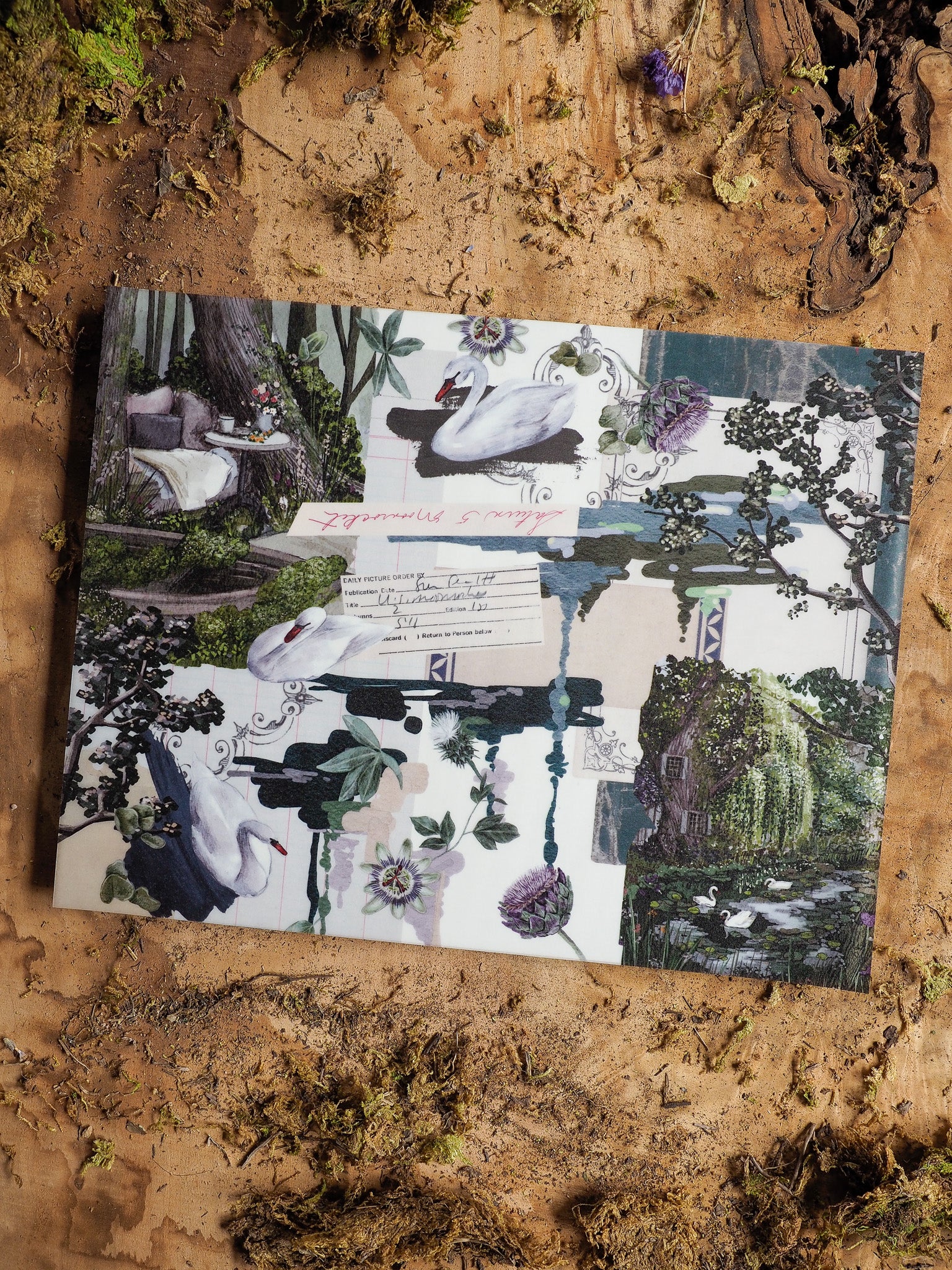 Elegant vintage planner cover with a detailed collage of white swans, lush peonies, and English garden elements in soft, muted tones.
