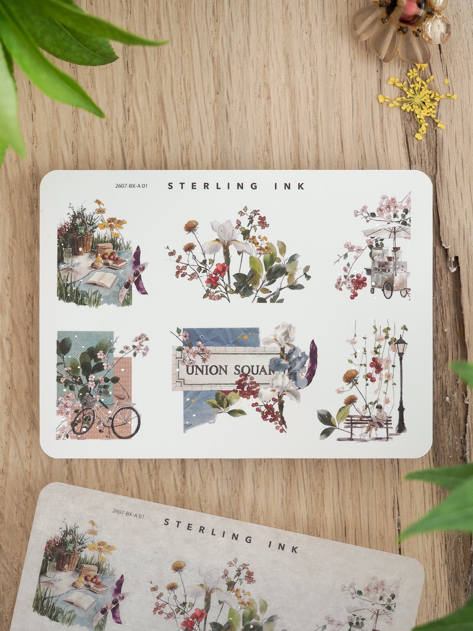 Botanical sticker sets featuring vintage watercolor designs of floral bouquets, garden vignettes, and nostalgic street scenes with herbs and blooms.