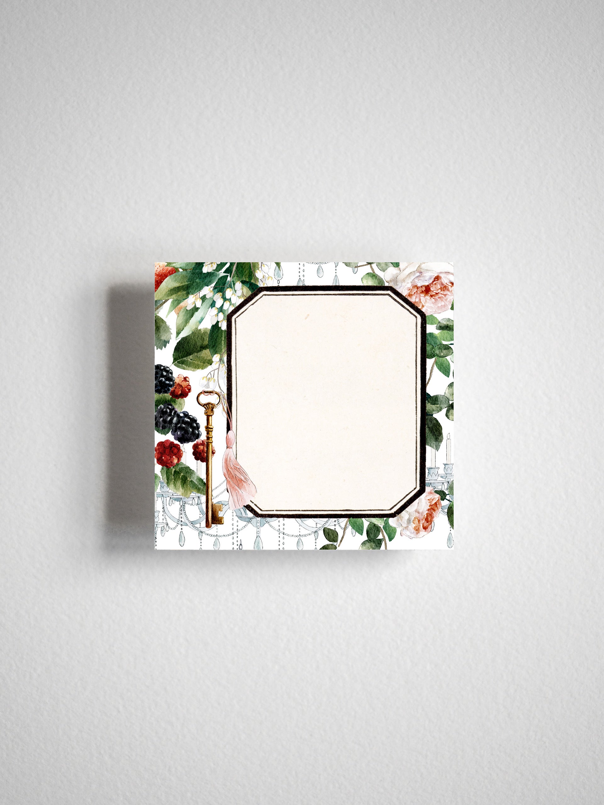 Elegant botanical frame featuring a watercolor wreath of blush roses, deep green foliage, and black berries, perfect for journaling or scrapbooking.