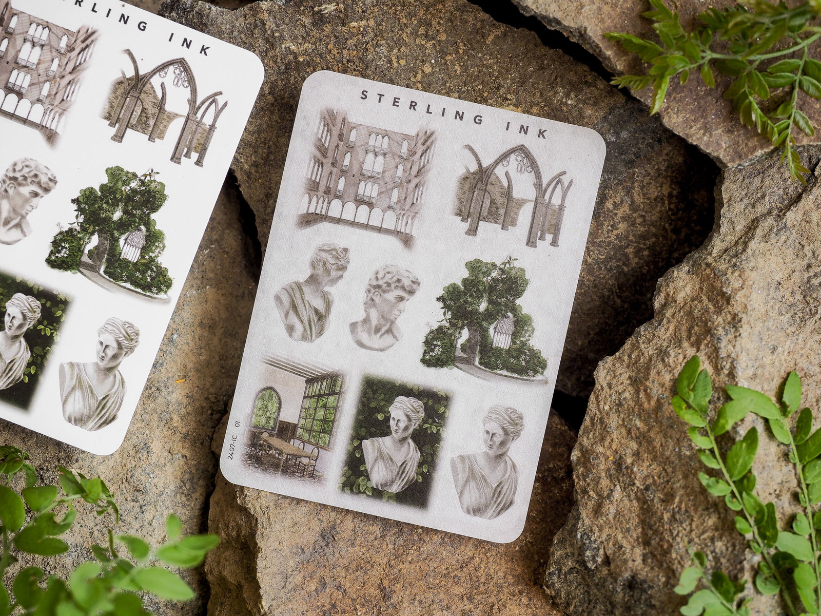 Collection of decorative miniature elements featuring classical busts, detailed architectural arches, complex European facades, and lush natural iconography stickers.