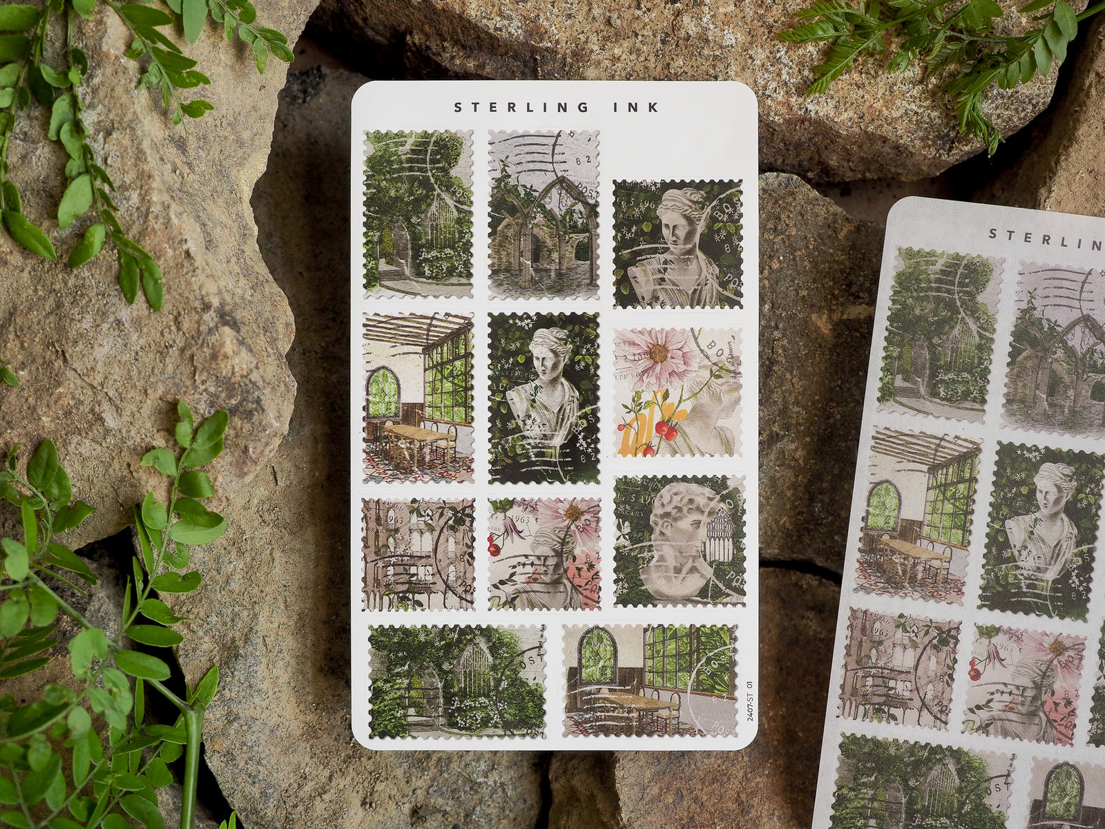 Vintage-themed stamp sheet featuring intricate die-cut stickers of green glasshouses, soft portraits, and decorative florals for July 2024 crafting.