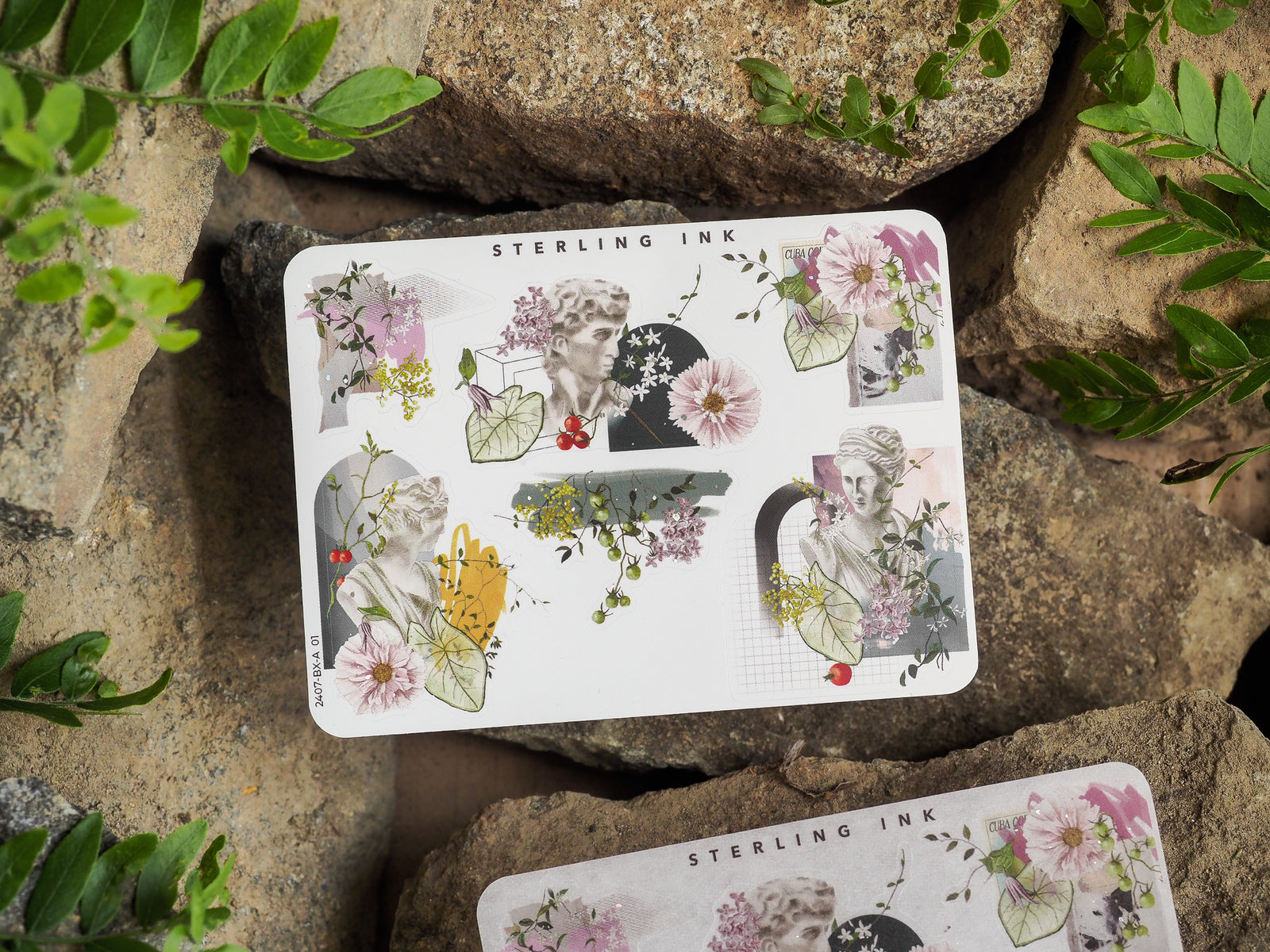 Romantic sticker set featuring delicate illustrations of women's profiles surrounded by soft pastel florals, lush greenery, and vintage botanical borders.