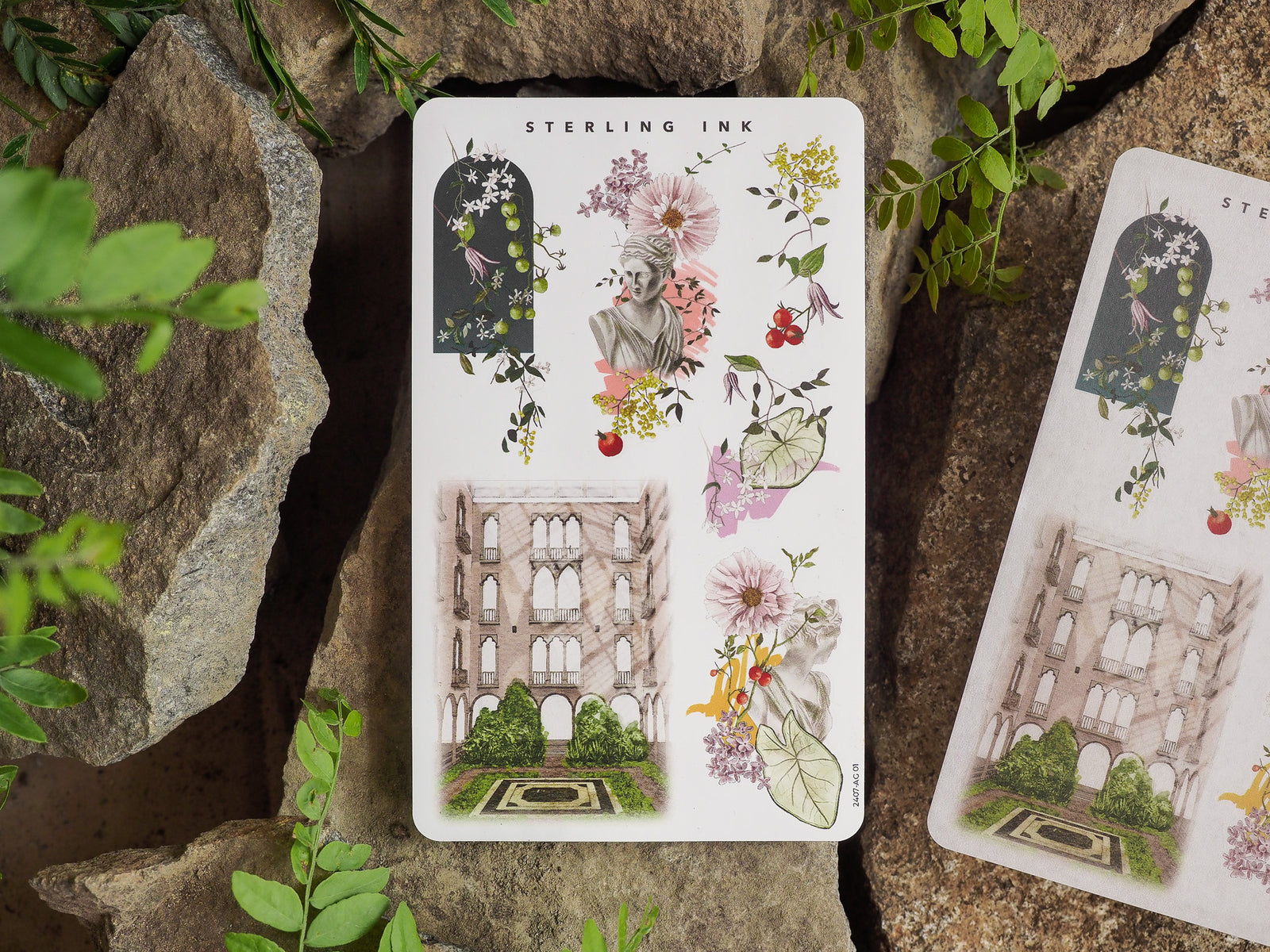 Vintage sticker set for July 2024 featuring lush botanical elements like peonies and roses surrounding classical architectural engravings and floral arrangements.