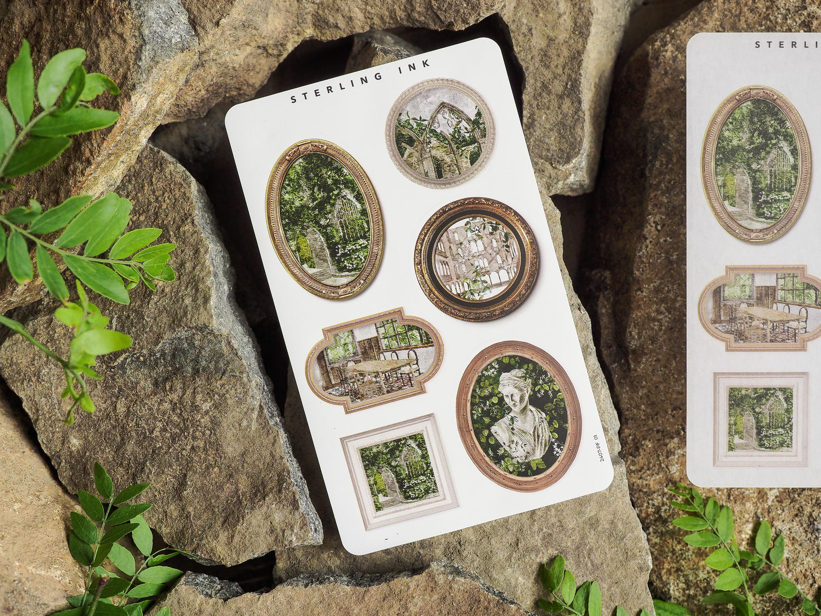Decorative set of 'Picture Frame Stickers - July 2024,' featuring vintage botanical and architectural designs in multiple antique-style borders and frames.