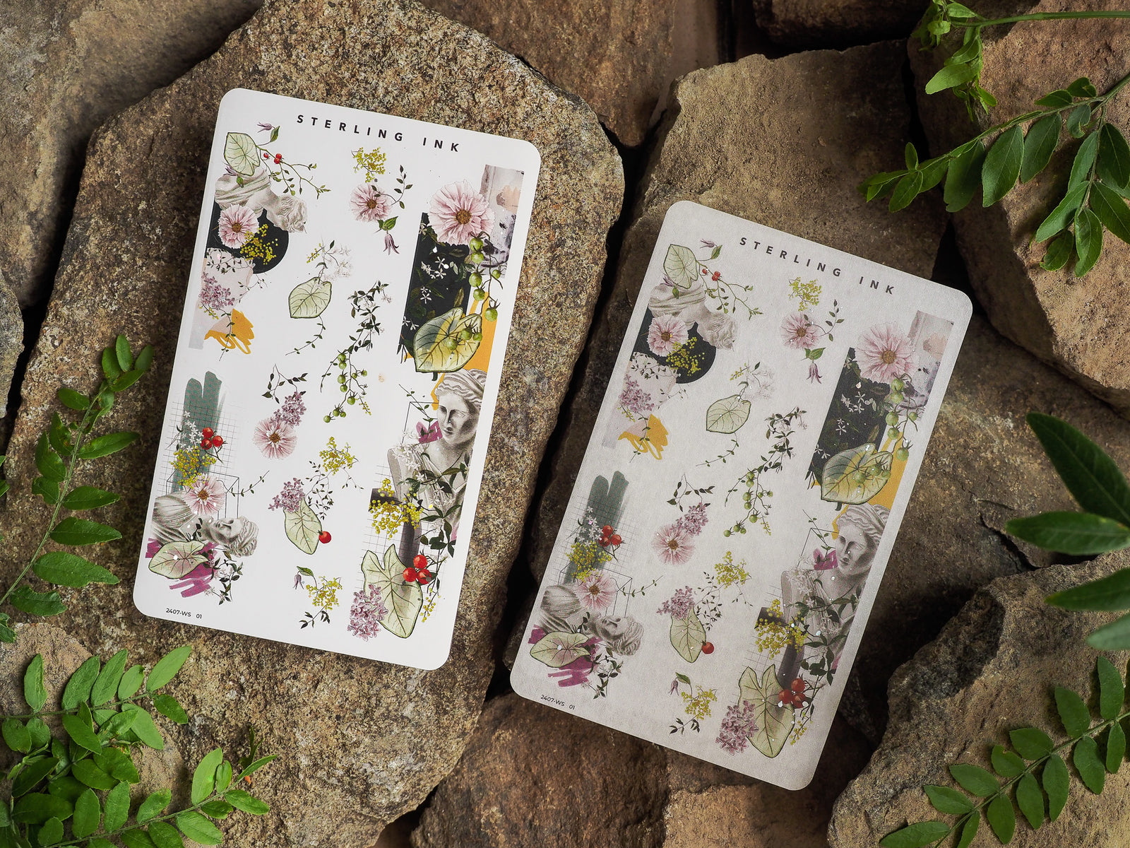 Whimsical washi sticker sheets featuring detailed botanical illustrations, lush greenery, and soft watercolor florals perfect for crafting in July 2024.