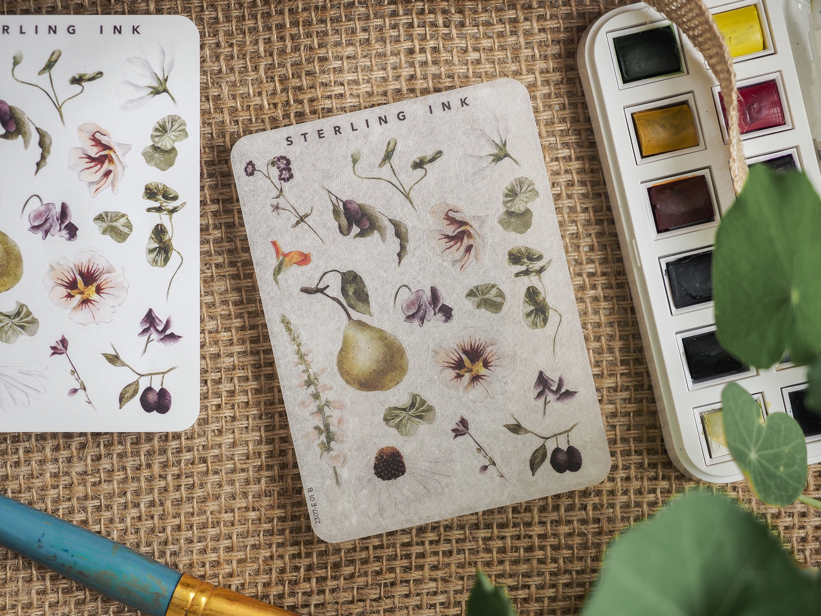 Detailed sticker featuring a watercolor botanical pattern of ripe pears, peaches, berries, and wildflowers on light gray, textured paper.