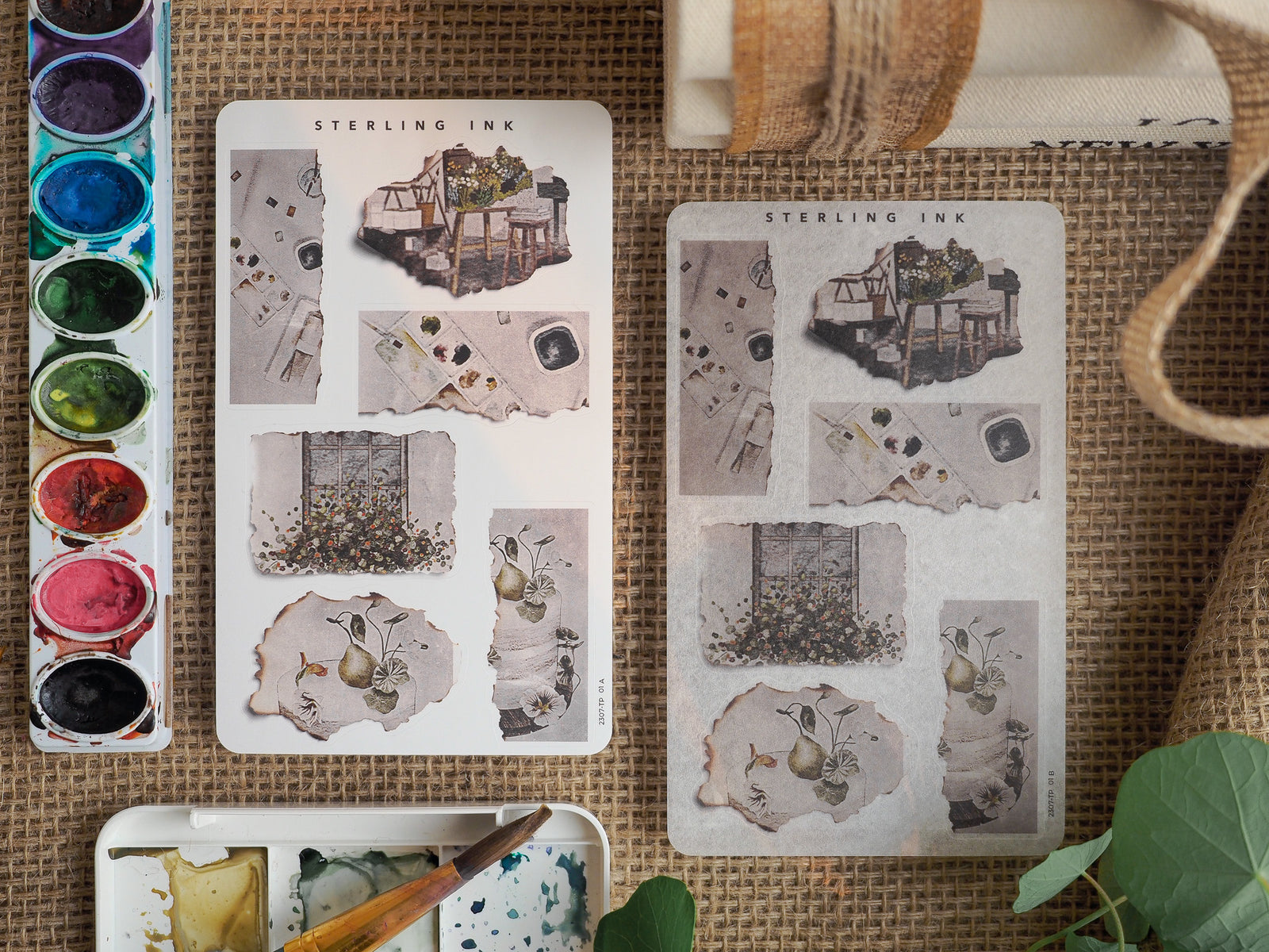 Rustic, collage-style stickers featuring torn cream paper, sepia-toned architectural sketches, and delicate botanical illustrations perfect for journaling and scrapbooking.