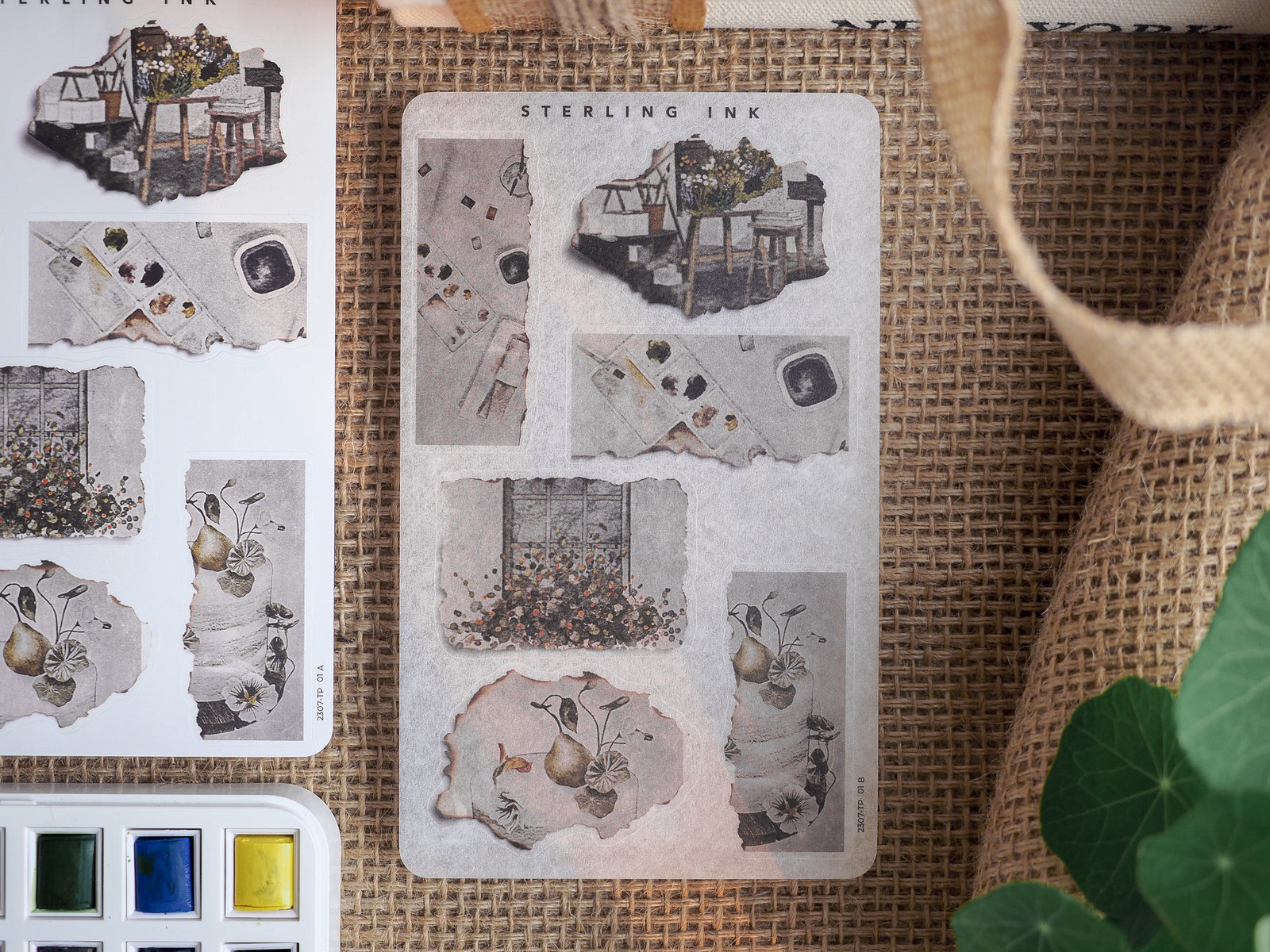 Rustic scrapbook stickers designed as aged torn paper clippings, showcasing detailed vintage sketches of architecture and botanical illustrations.