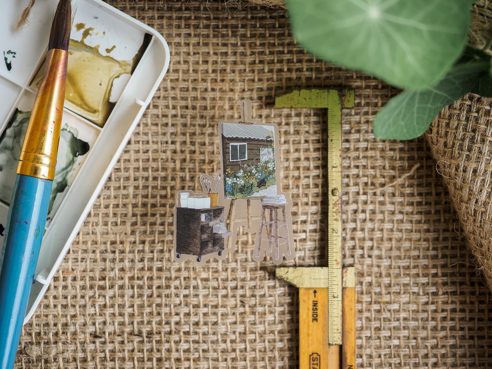 Detailed vinyl sticker set featuring a rustic summer cottage scene with a small house, wooden table, and outdoor seating arrangement.