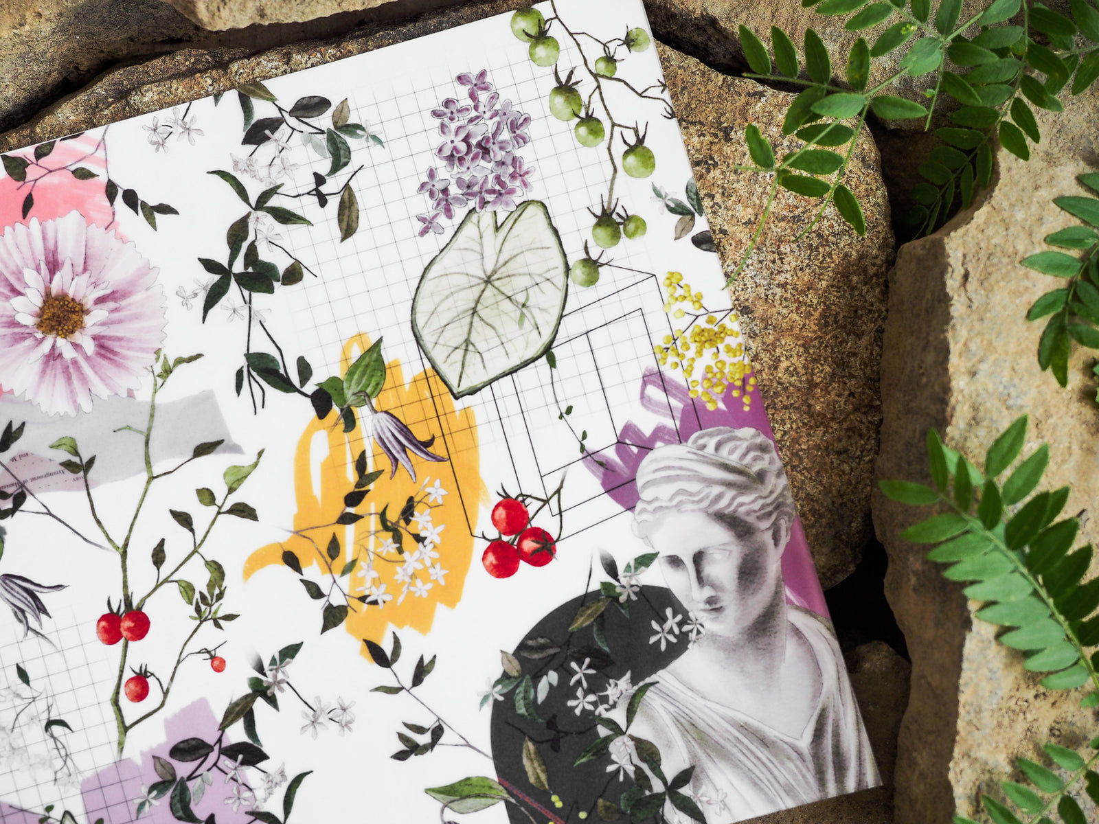Botanical planner sheet featuring pink peonies, green foliage, clusters of purple blooms, red berries, and a vintage portrait for Vellum - July 2024.