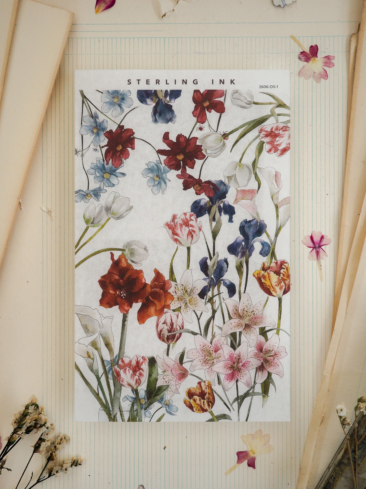 Vibrant floral sticker sheet featuring a lush watercolor bouquet of deep red, royal blue, soft pink, and creamy white blossoms.