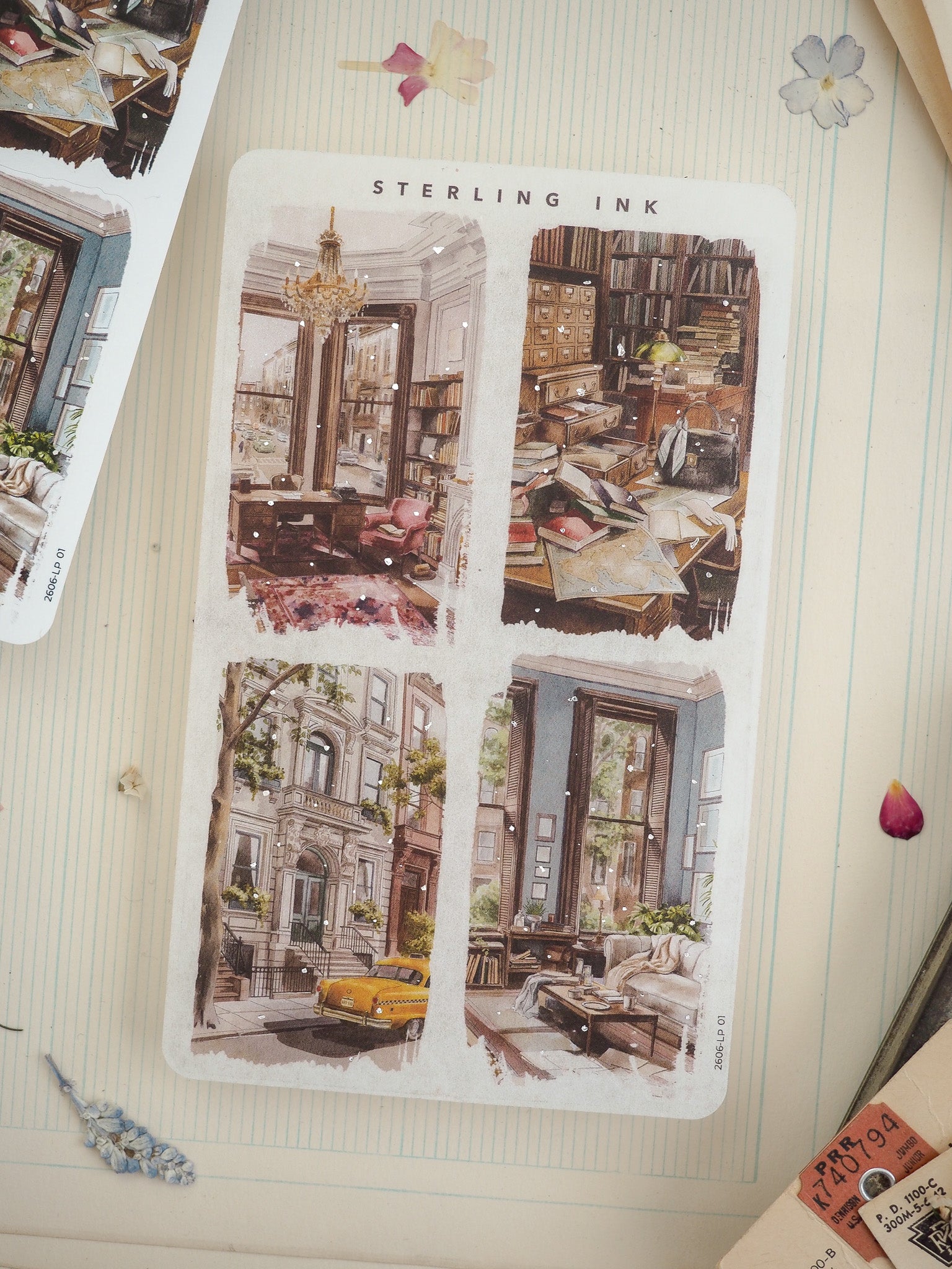 Four vintage "STERLING INK" sticker panels featuring illustrations of cozy, academic rooms, including a library scene, an antique desk setup, and a street view of nostalgic brownstones.