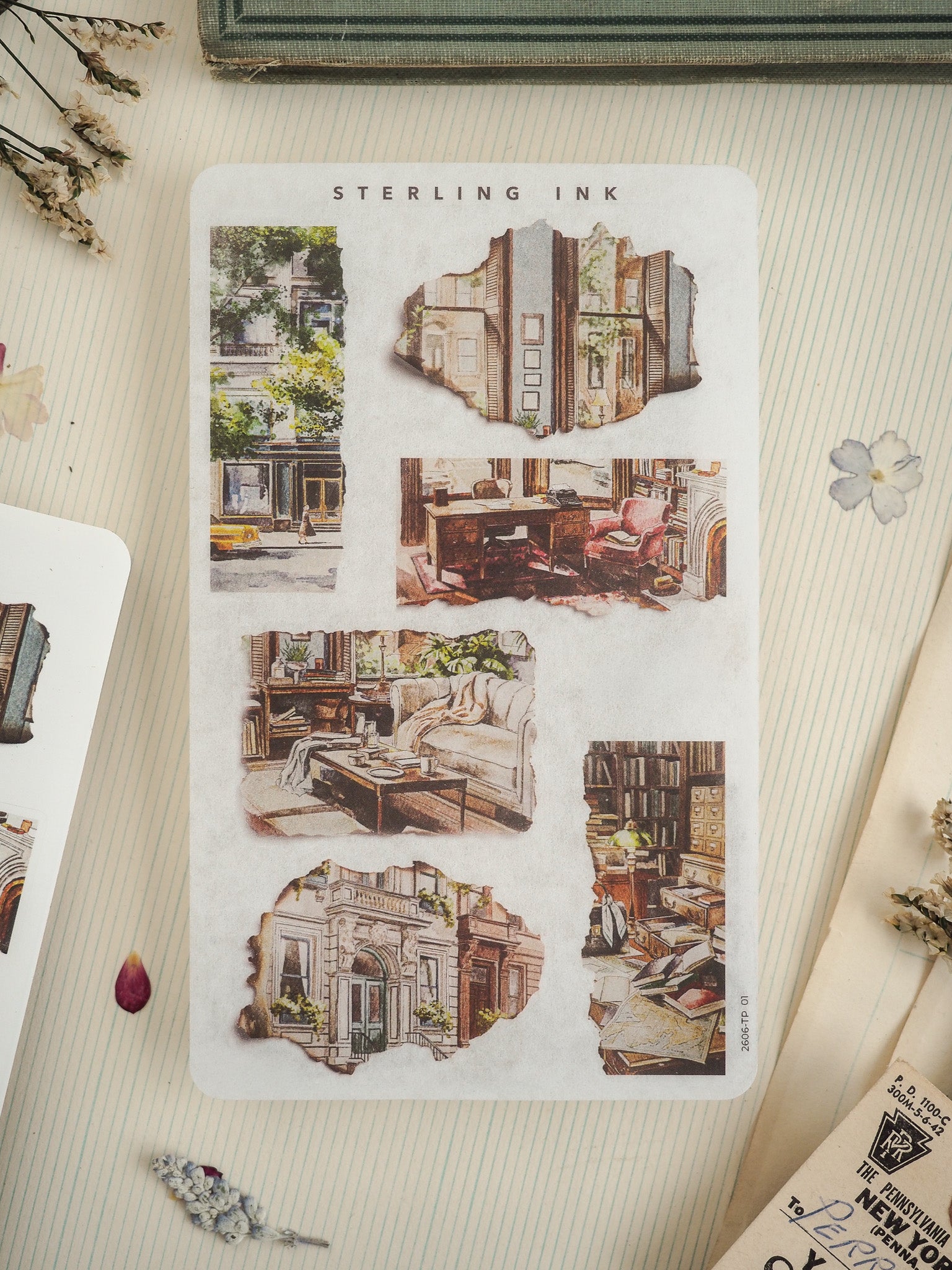 Sterling Ink sticker set featuring six vintage, detailed prints of historic architecture, cozy antique interiors, and nostalgic city scenes in a classic sketch style.