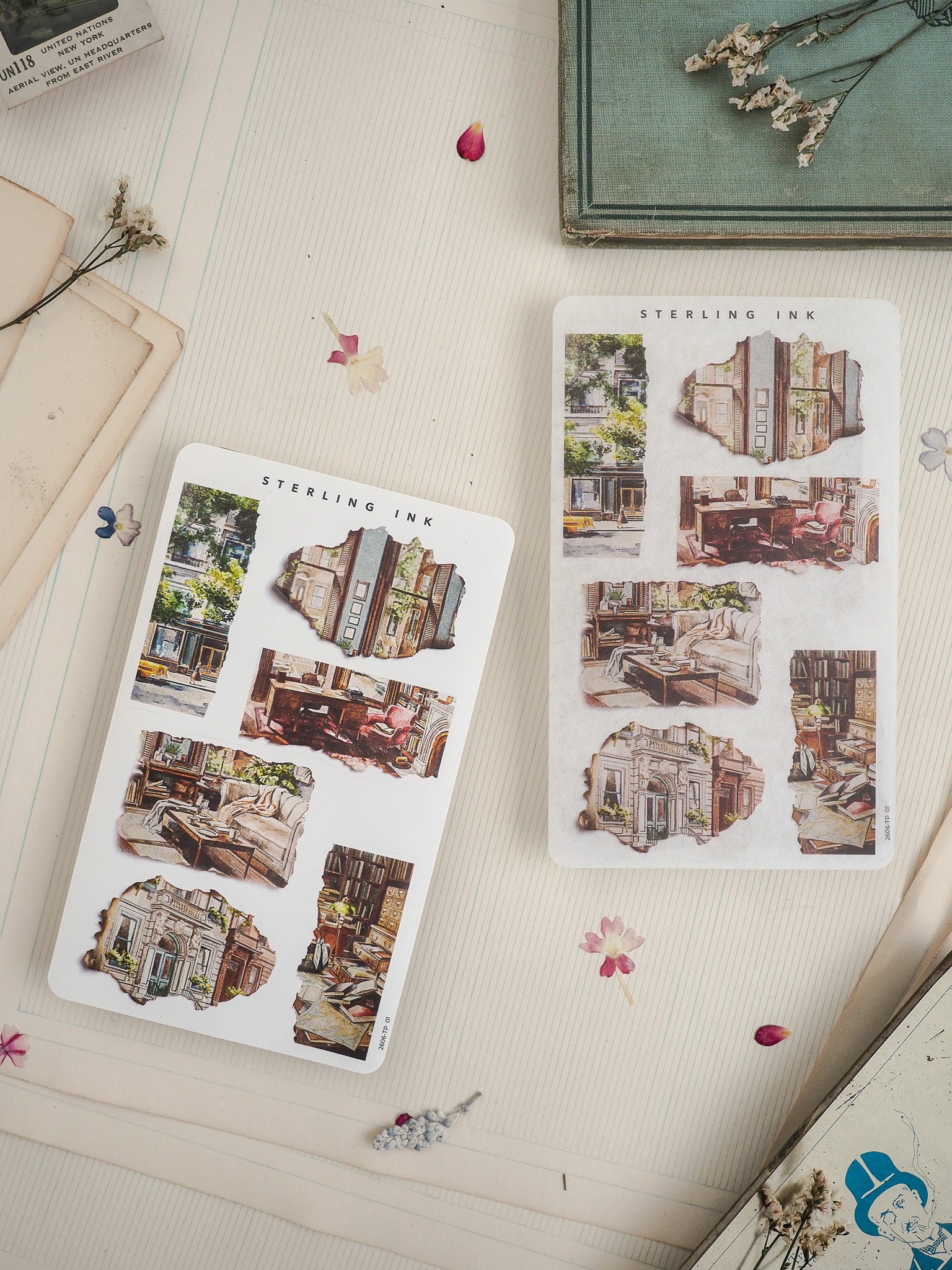 Two white sticker sheets labeled "STERLING INK," showcasing vintage, distressed black-and-white illustrations of detailed architectural facades, historic buildings, and urban scenes.