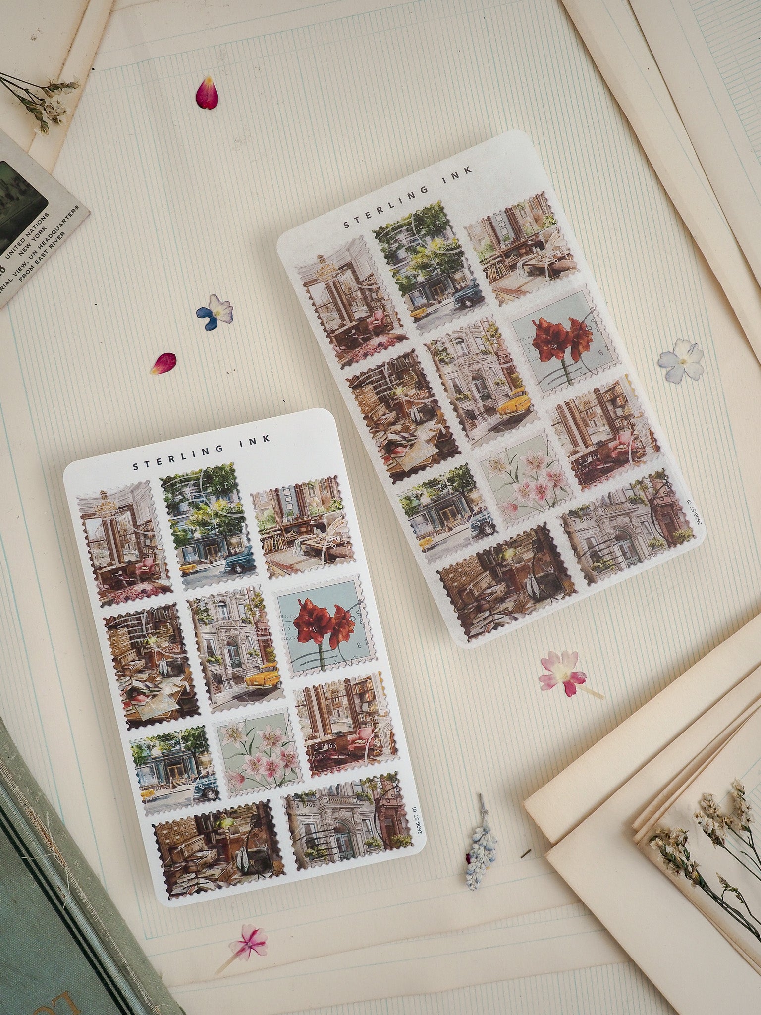 Sterling Ink sticker sheets featuring vintage and antique architectural vignettes of charming townscapes and historic city street scenes.