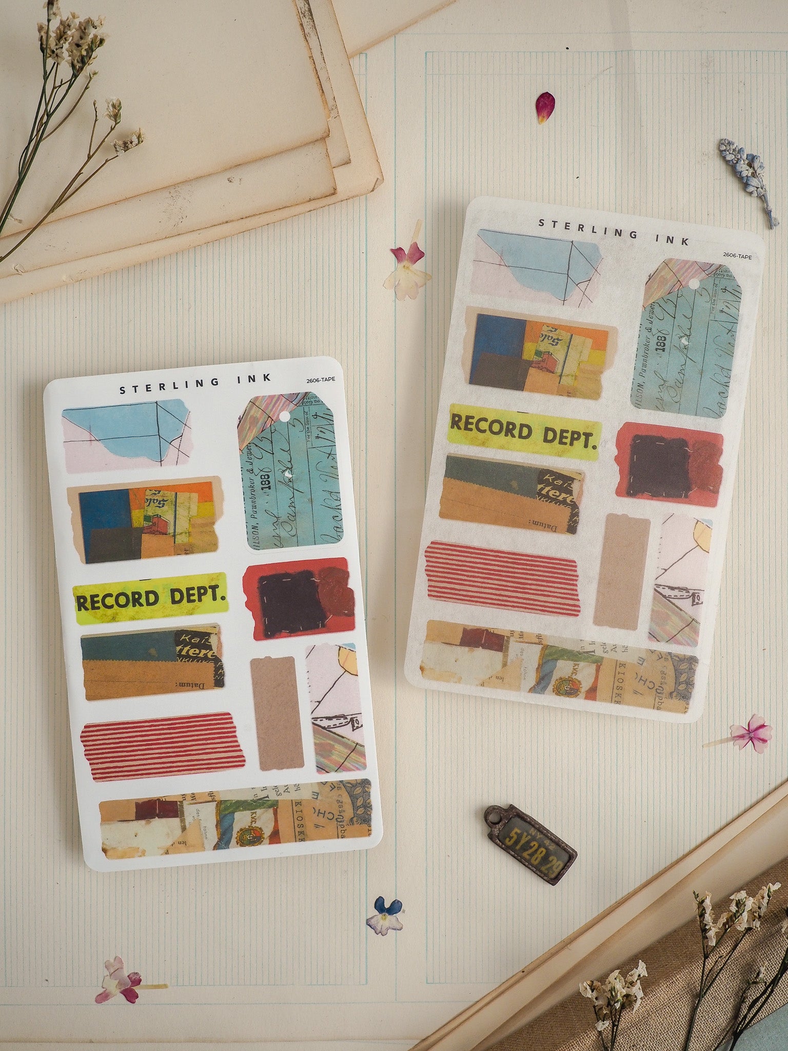 Scrapbooking washi tape sets featuring distressed, vintage filing labels and papers labeled "Record Dept." in muted, aged tones.