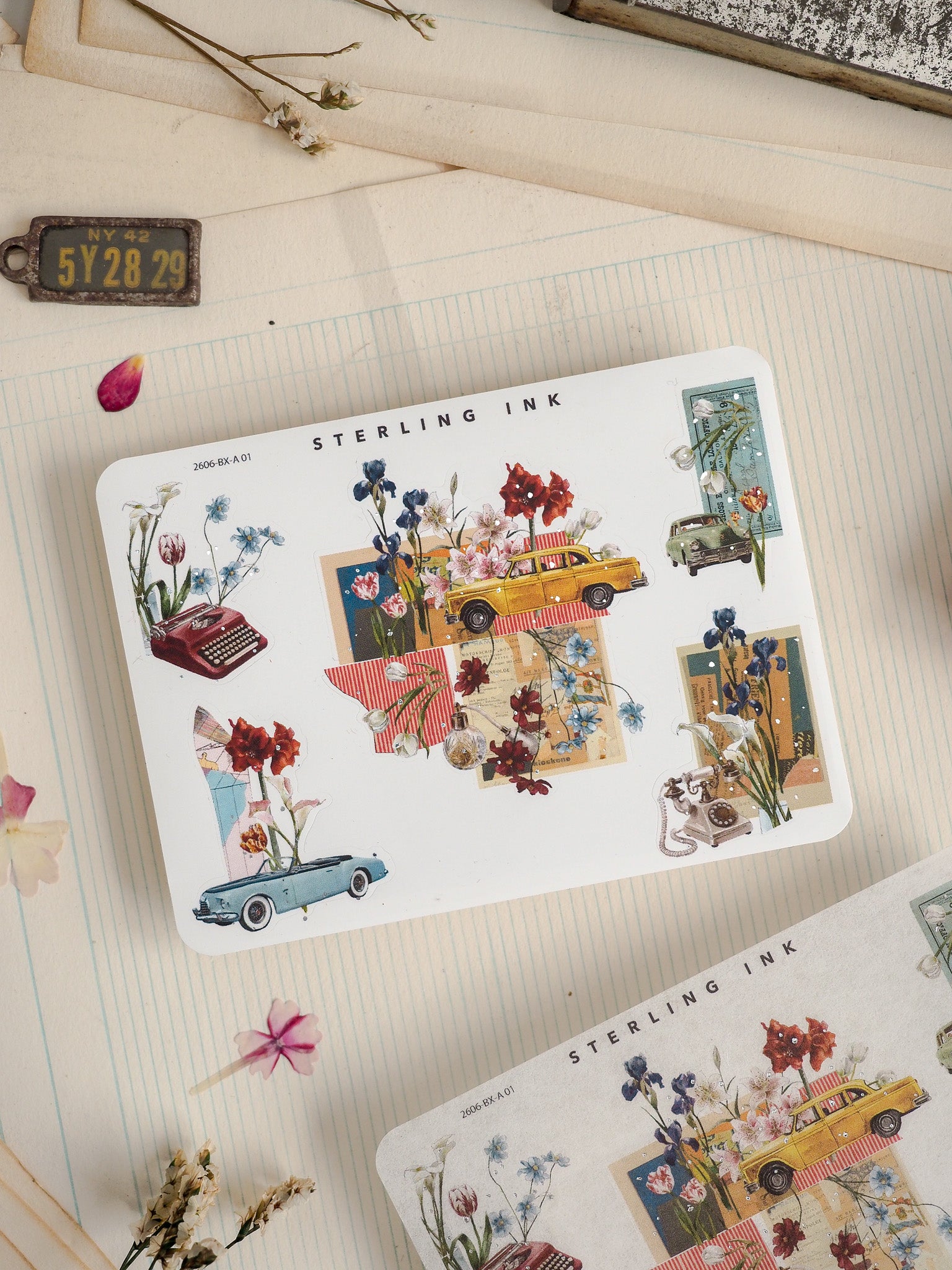 Sticker sheets featuring a vibrant, vintage botanical and road trip theme, decorated with colorful illustrations of blooming flowers and classic cars.