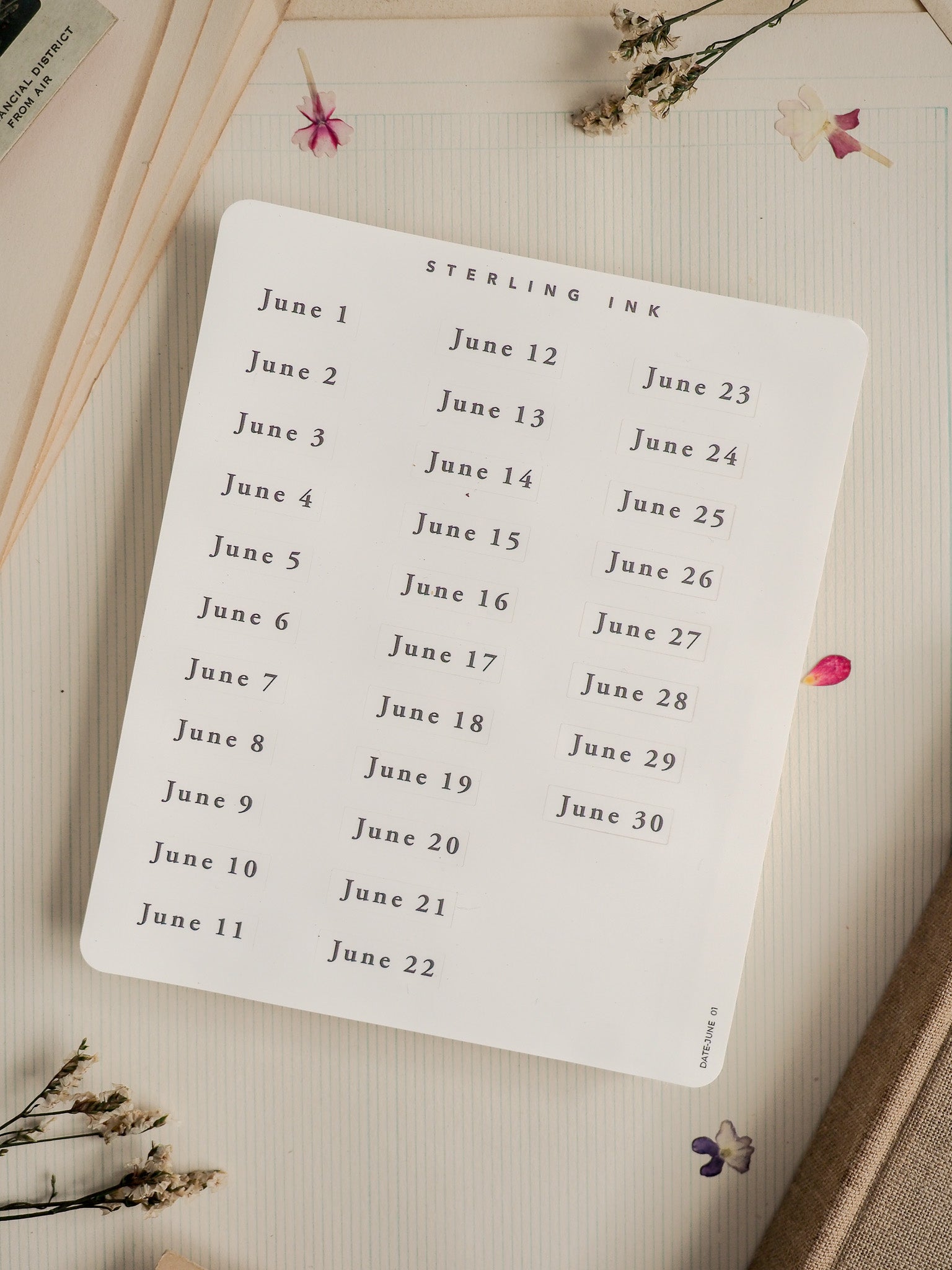 Organized printable calendar sheet titled "STERLING INK" for June, displaying the dates 1 through 30 in a clean, minimalist layout for tracking and planning.