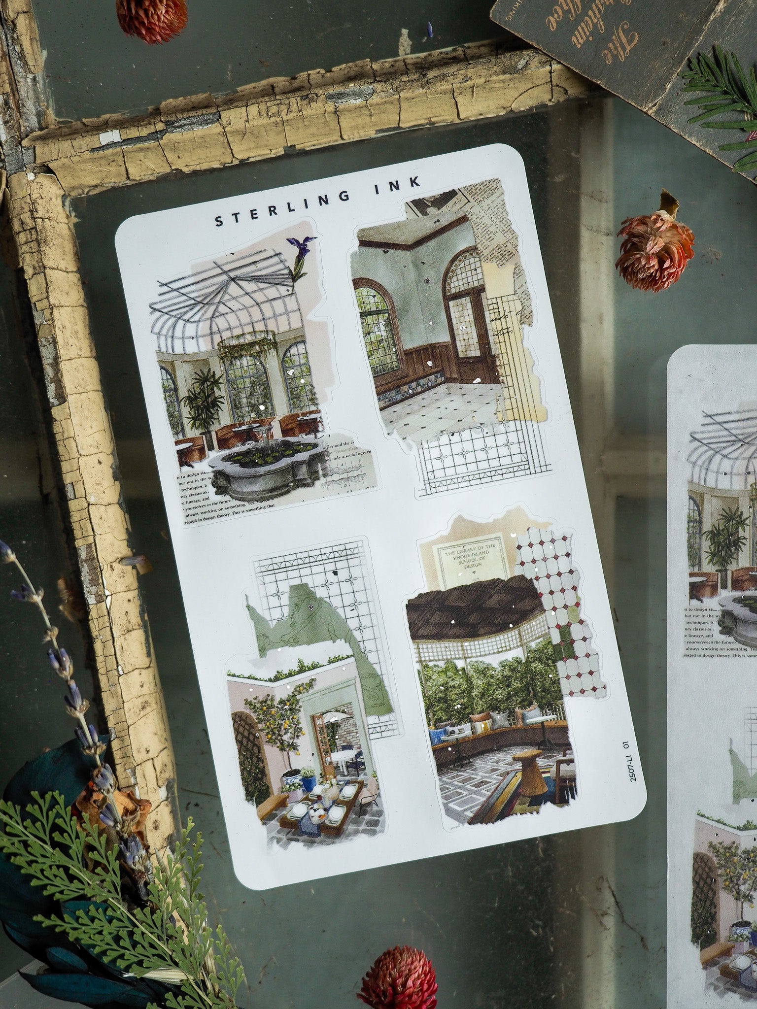Collage stickers featuring detailed architectural sketches of vintage atriums, ornate stained glass windows, and classic interior room designs.