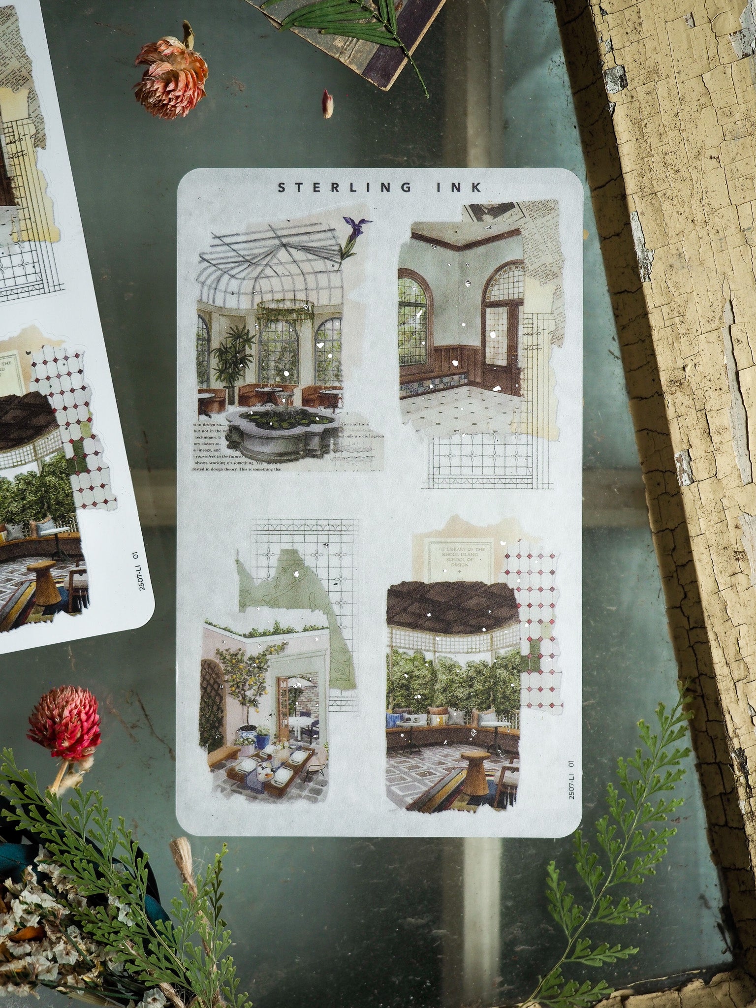 This sheet contains detailed collage stickers titled 'Sterling Ink', featuring vintage architectural illustrations of elegant sunrooms and nostalgic interior design scenes.