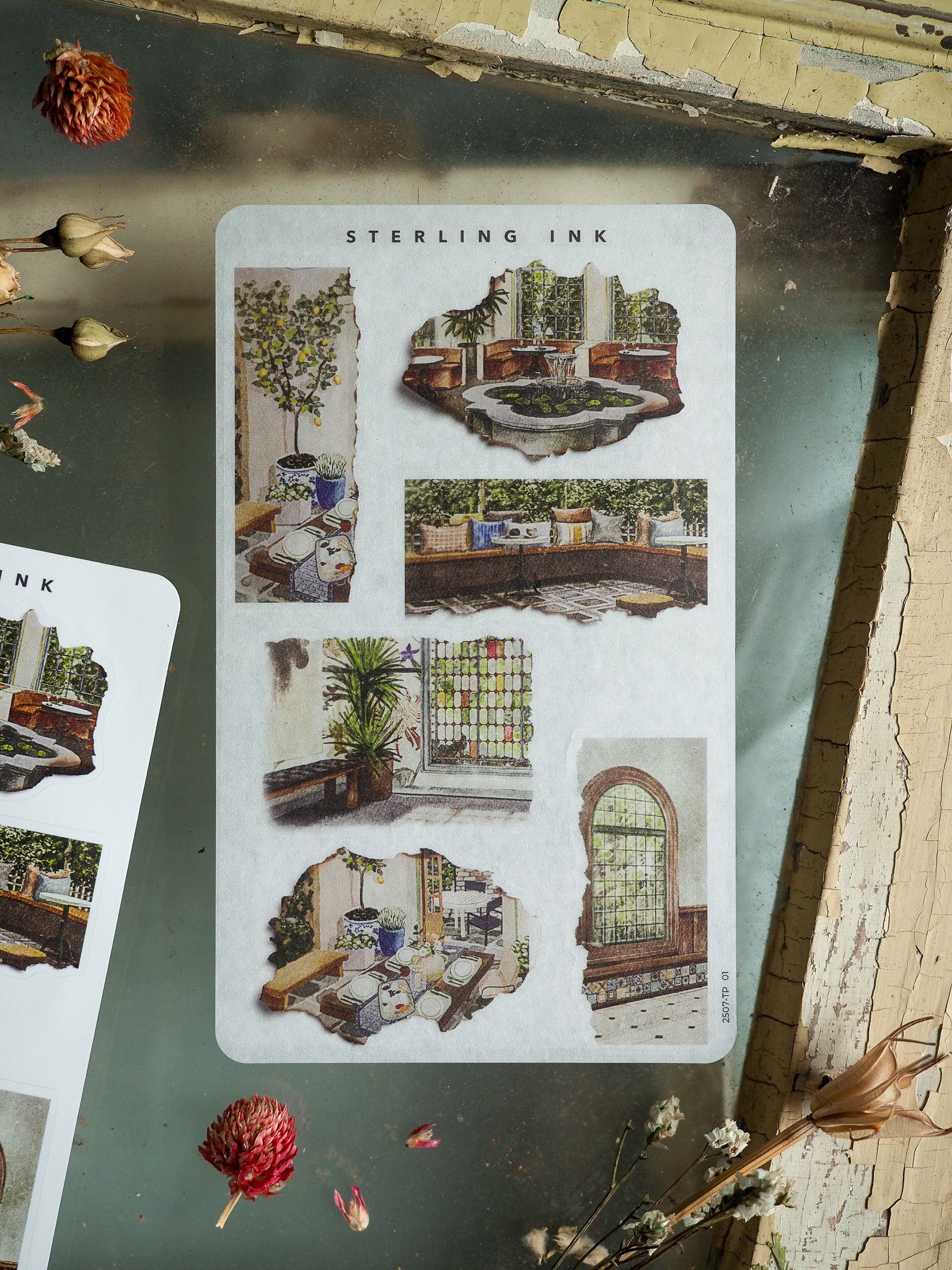 Vintage-themed sheet of decorative stickers featuring detailed illustrations of charming windows, lush indoor garden scenes, and romantic architectural details.