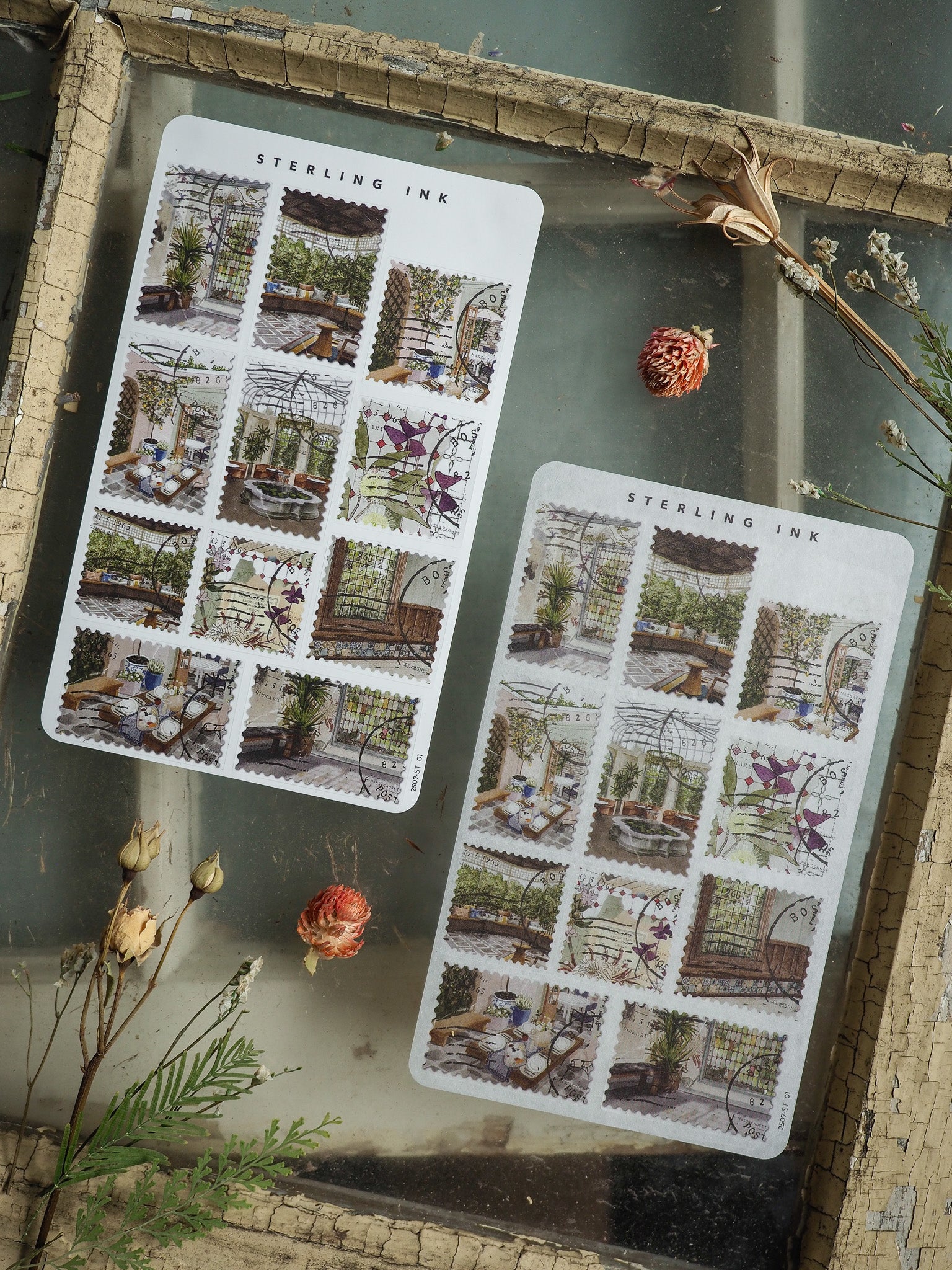 Vignette stamp stickers featuring lush indoor garden scenes, potted plants, and elegant conservatory vignettes on two sheets of white paper.