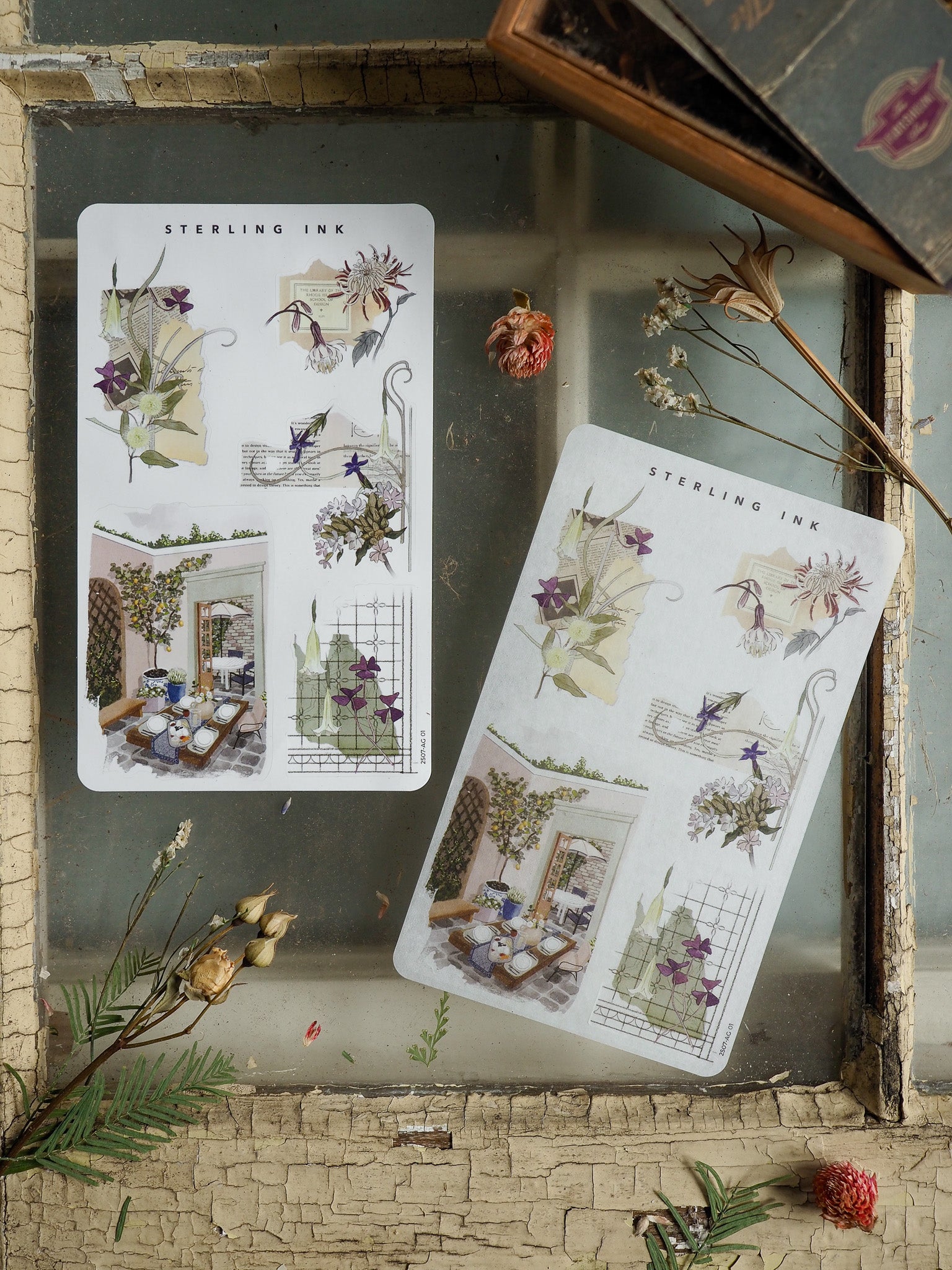 Botanical arrangement sticker sheet featuring a blend of watercolor floral clusters, pressed greenery, and detailed indoor scene vignettes for scrapbooking and journaling.