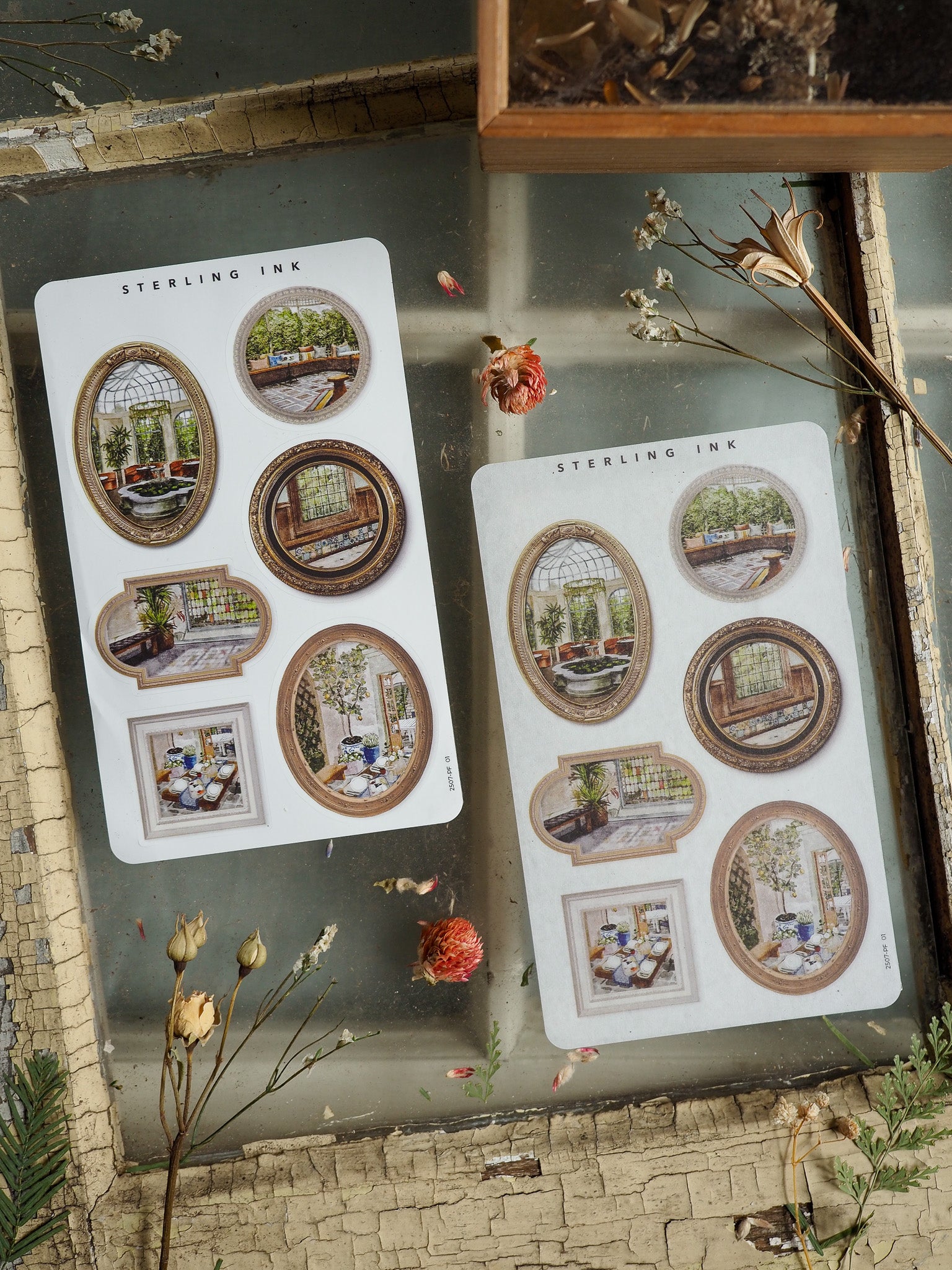 Set of vintage picture frame stickers featuring various arched and rectangular decals with sepia-toned interior and architectural views for journaling.