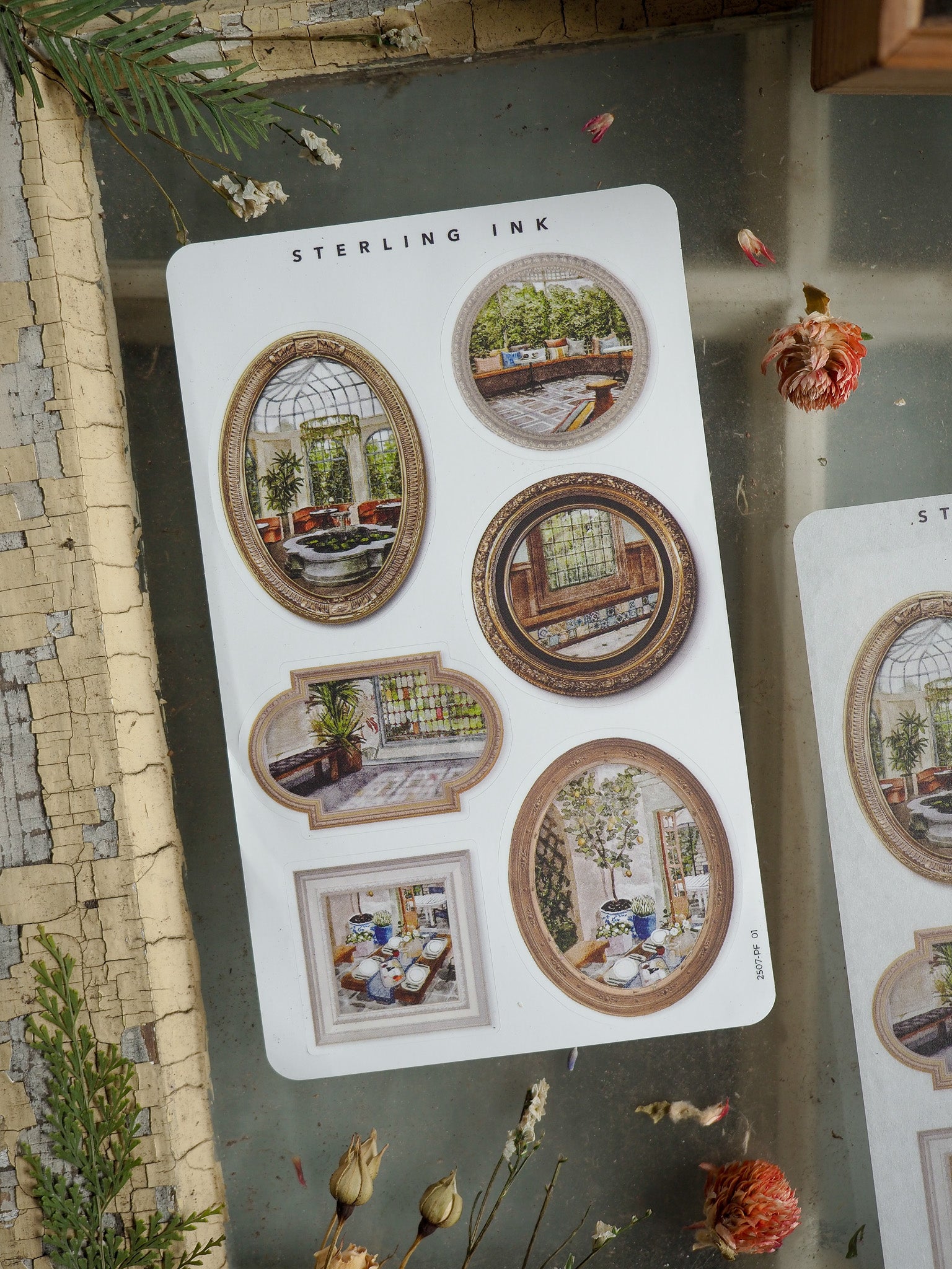 Decorative picture frame stickers featuring a collage of vintage-style scenes, including ornate architectural details, sunlit patios, and elegant interior vignettes.