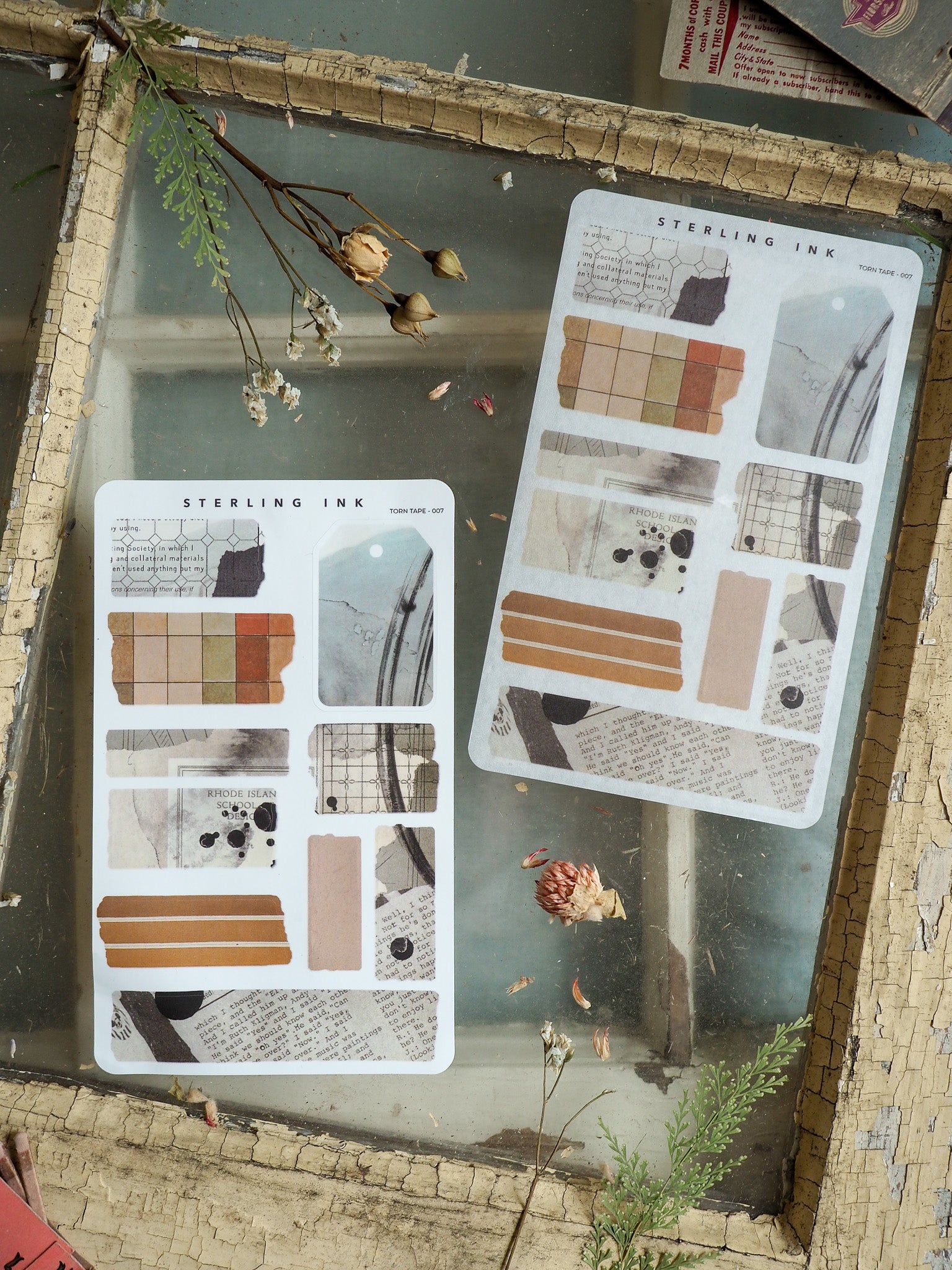 Decorative "Torn Tape" sticker sheets featuring various washi tape patterns, including polka dots, stripes, and solid blocks in neutral coordinating tones.