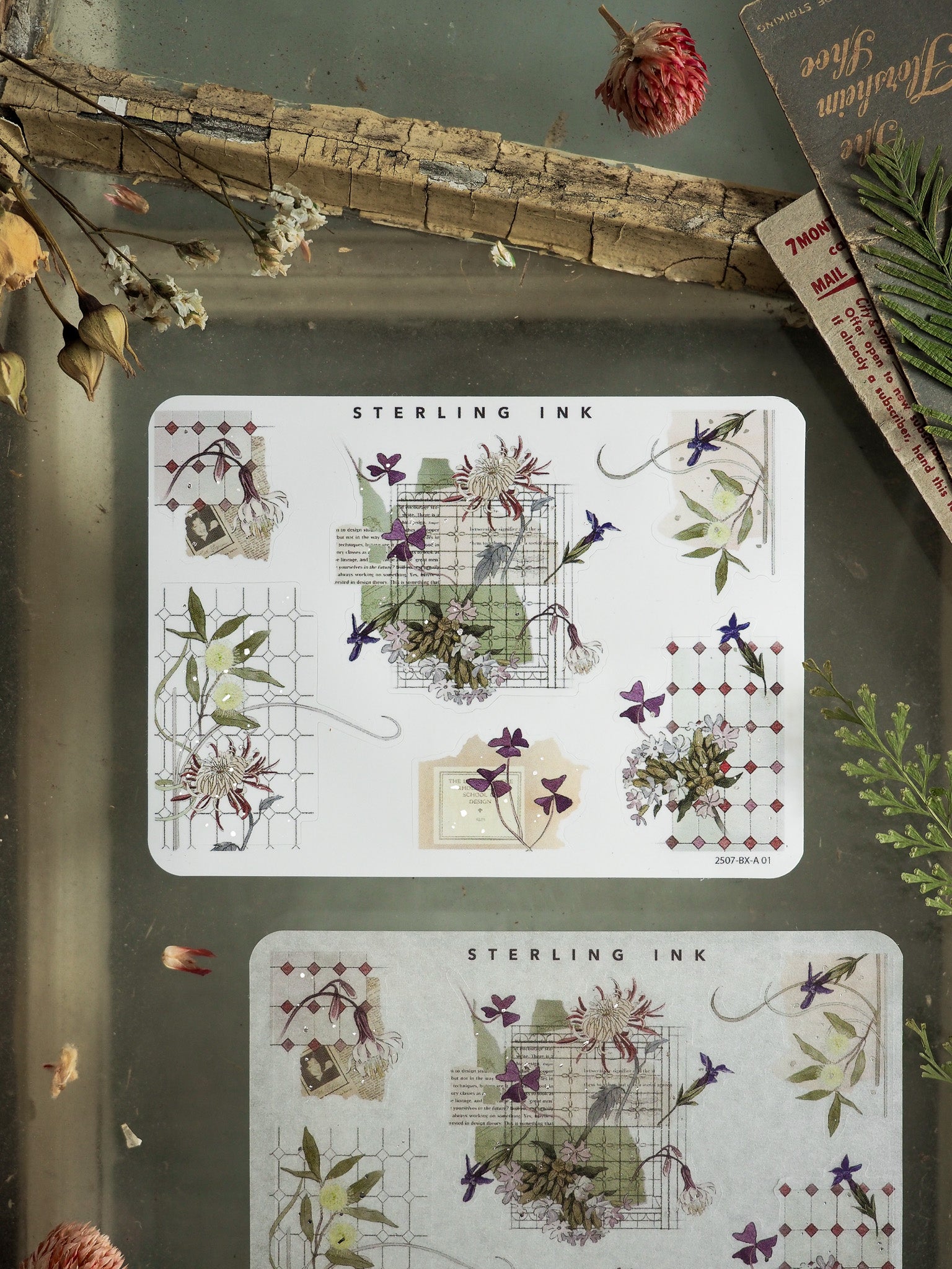 Delicate botanical corner stickers featuring watercolor florals, grasses, and greenery accented with elegant silver foil details for journaling and scrapbooking.