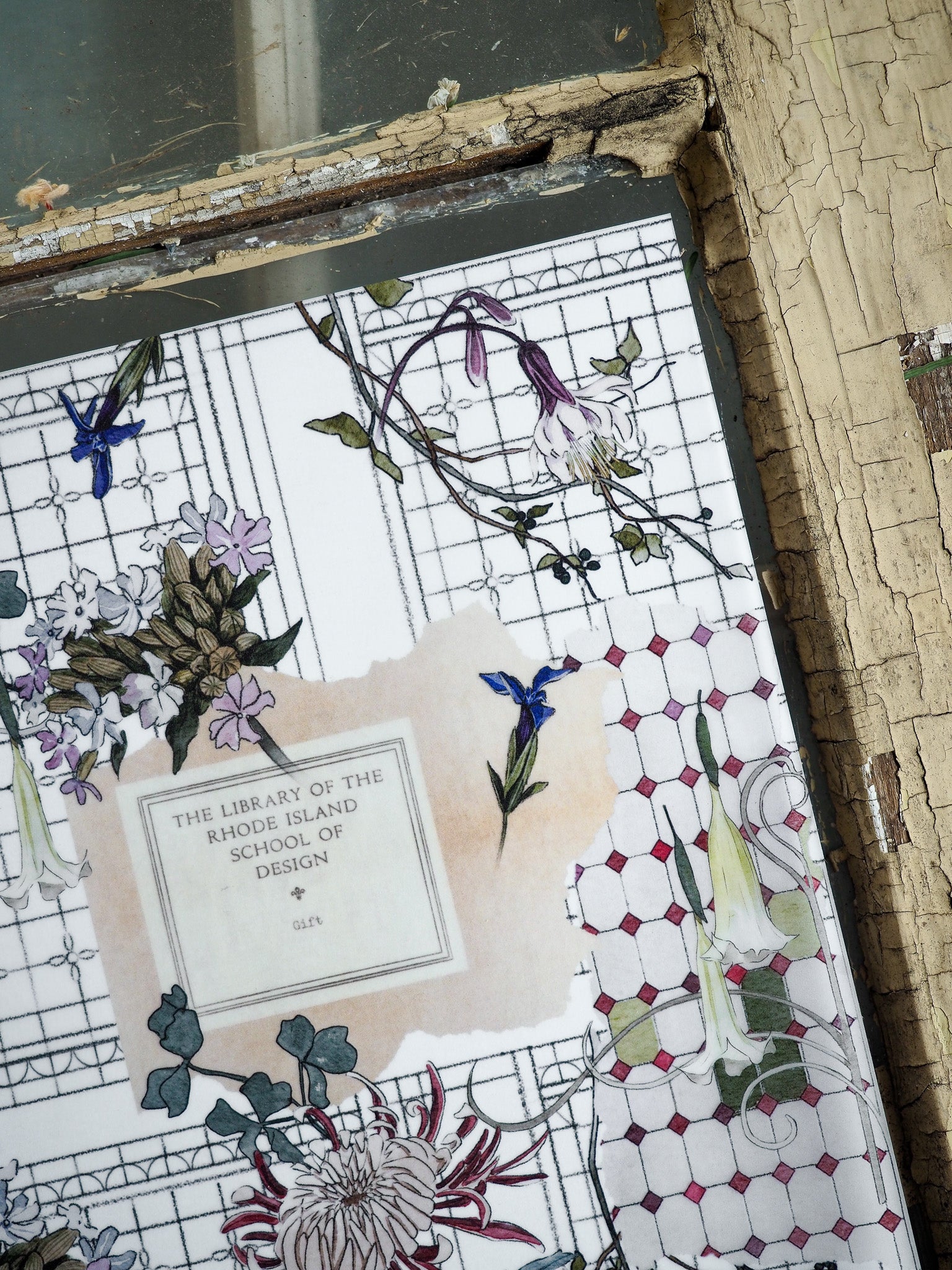 Vintage botanical print featuring muted floral illustrations, patterned grids, and the text "The Library of the Rhode Island School of Design."