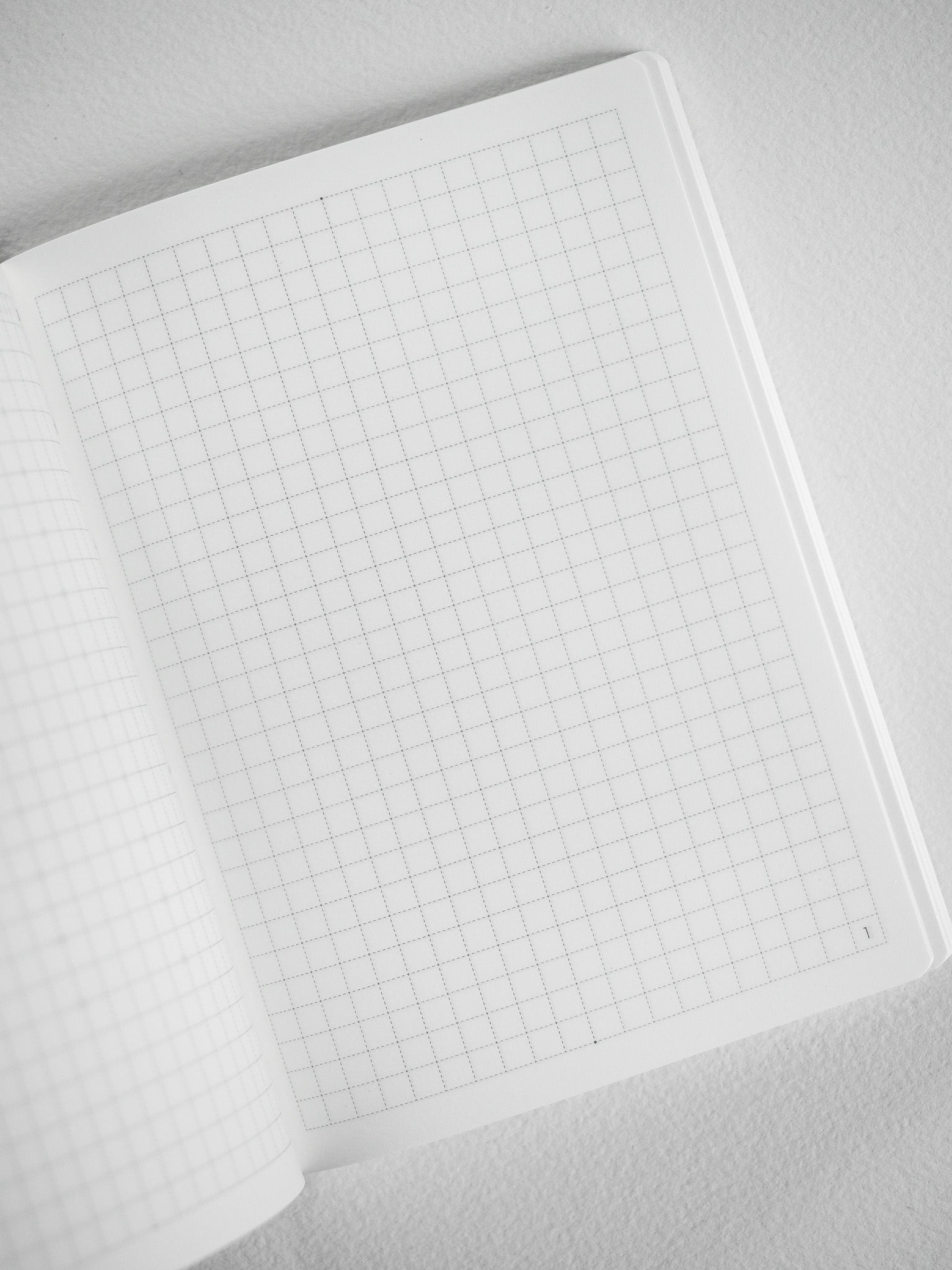 Minimalist notebook booklet displaying pale, structured grid graph paper perfect for organized journaling, plotting, or precise sketching.