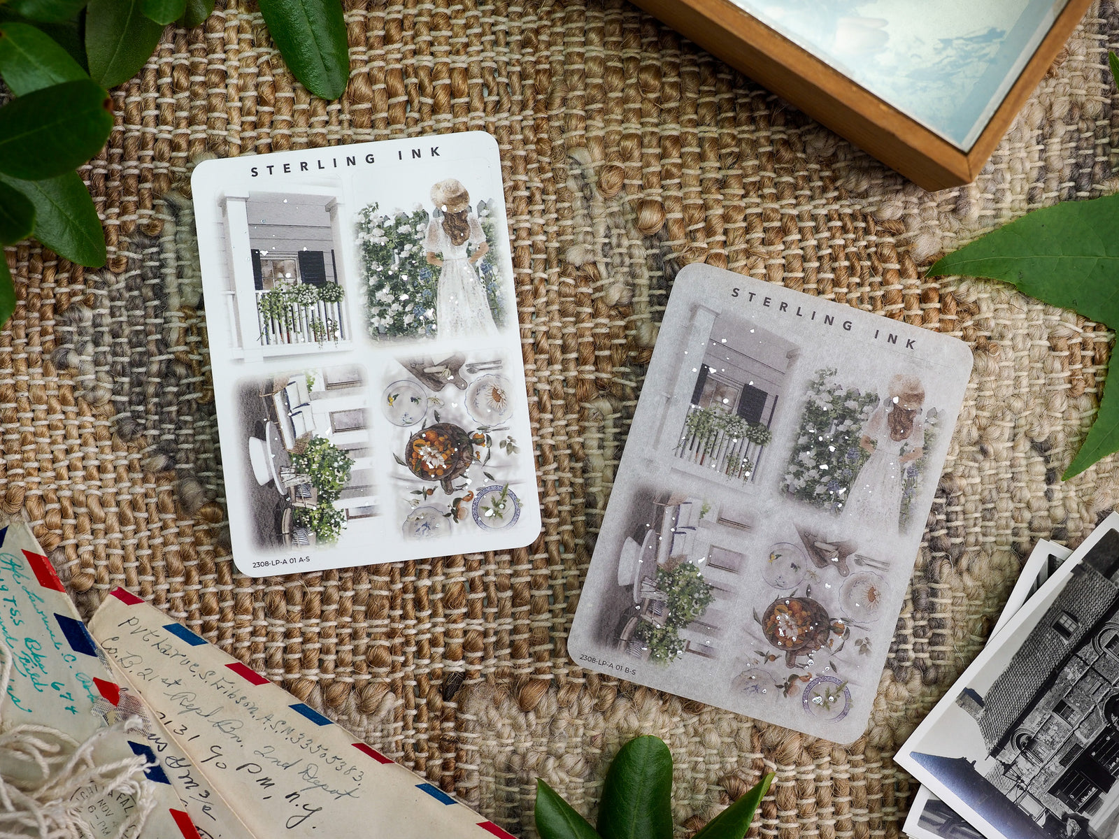Vintage decorative stickers featuring multiple panels of watercolor illustrations depicting summer scenes, floral arrangements, and styled lifestyle objects.