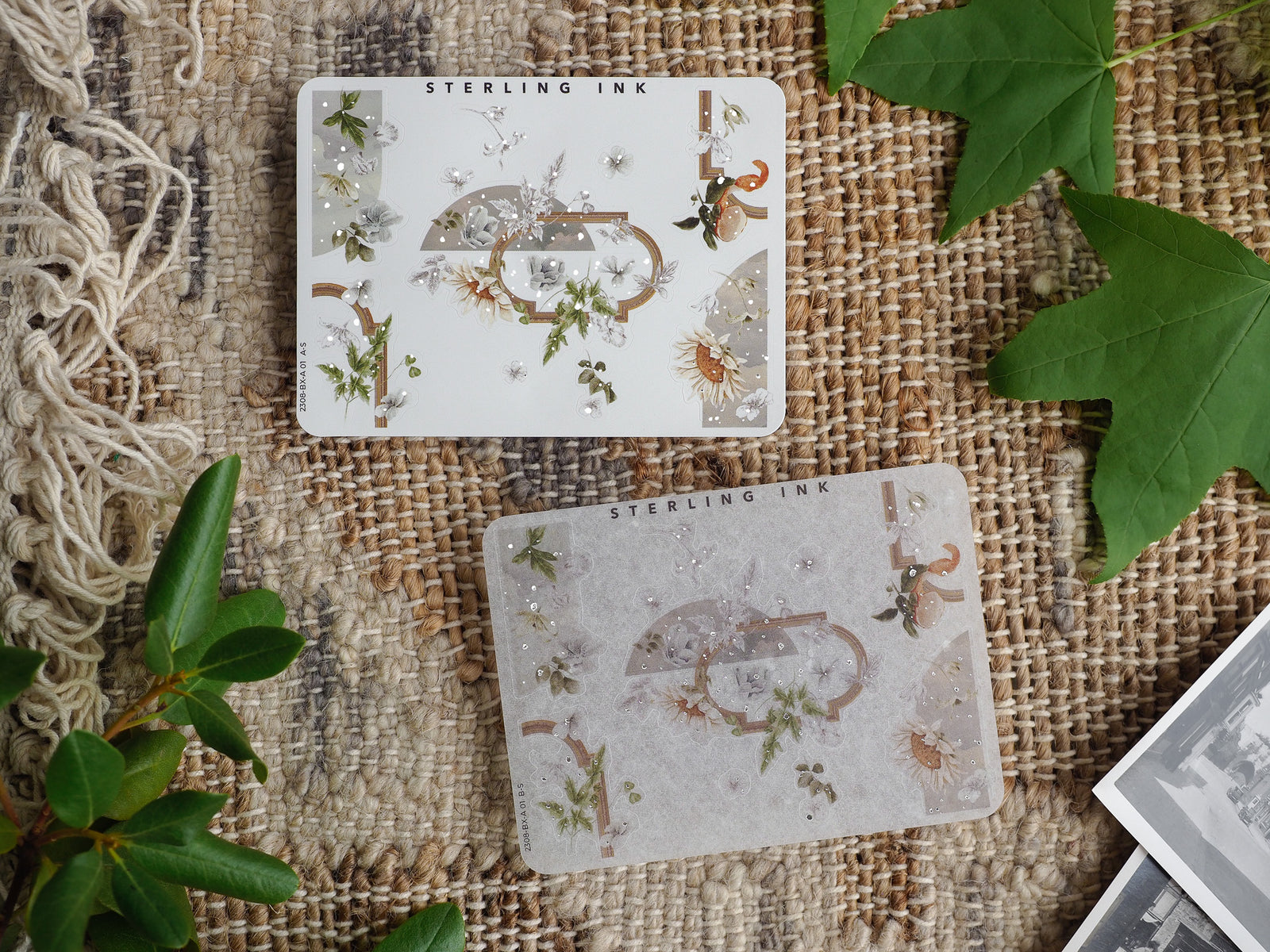 Delicate coordinate stickers featuring botanical wreaths and corner designs in neutral and distressed tones, perfect for journaling and scrapbooking.